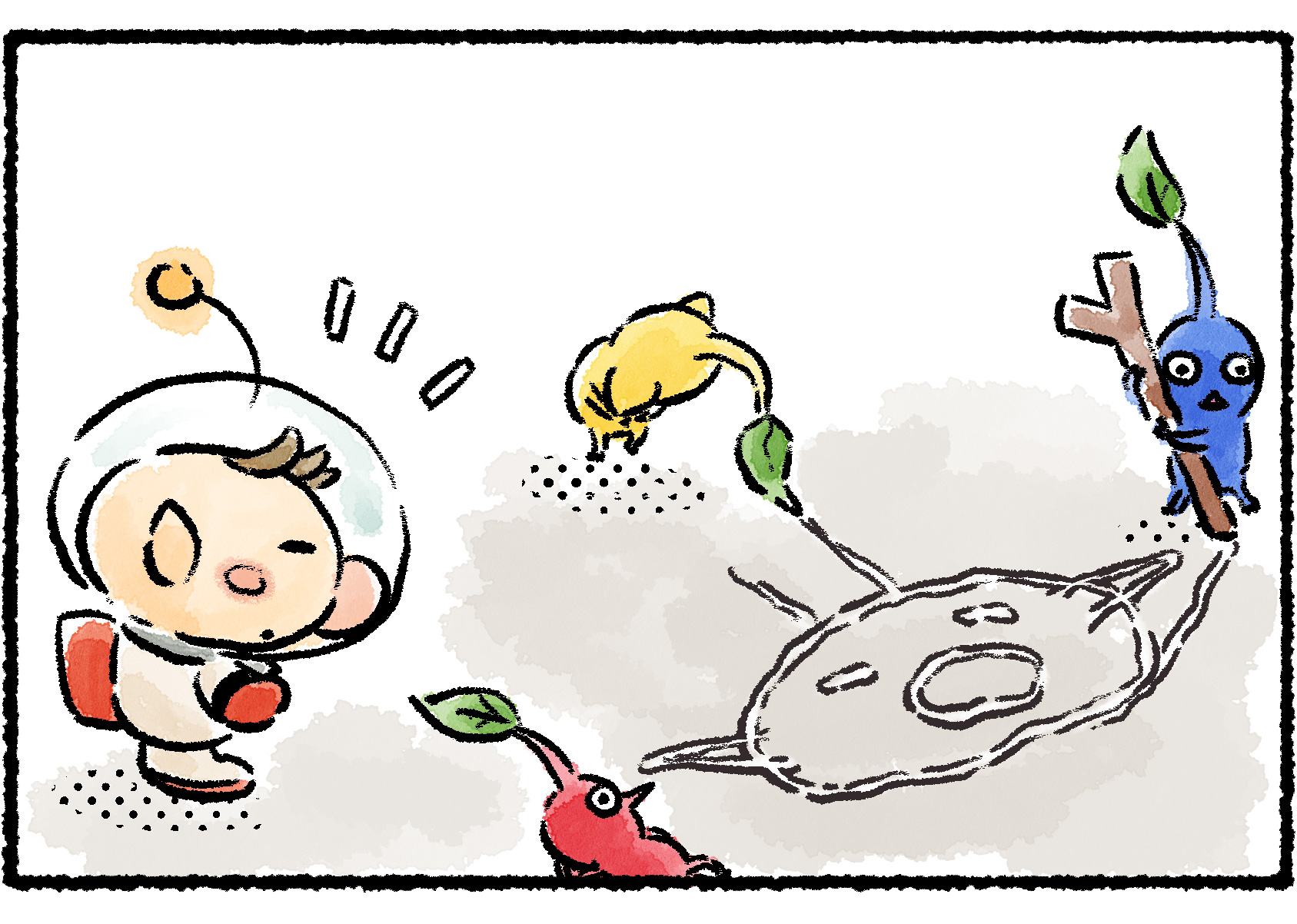 Panel two. Olimar looks surprised as the shape the Pikmin are drawing is beginning to resemble him.