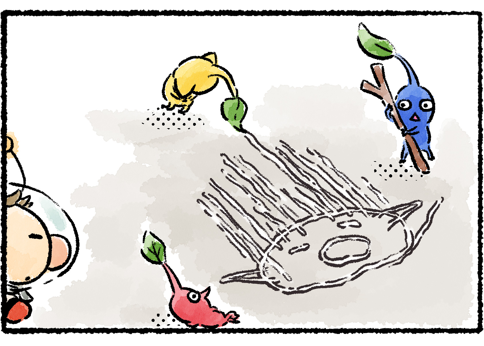 Panel three. What first looked like a picture of Olimar now takes on a strange edge as the Pikmin draw an array of lines coming off what looks like the top of Olimar's head.