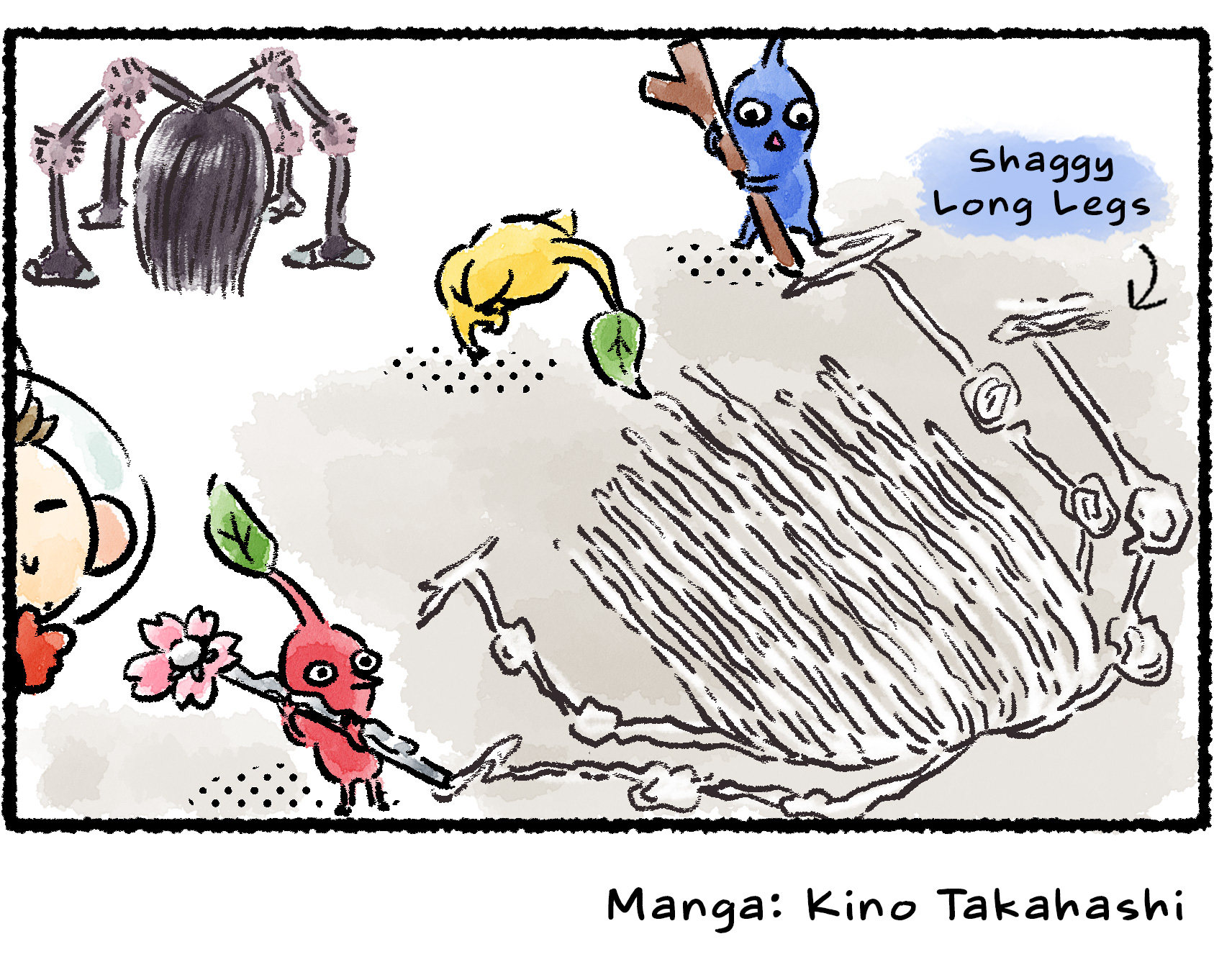 Panel four. As the Pikmin finish their work, it becomes clear they were not drawing Olimar at all, but a Shaggy Long Legs. 
