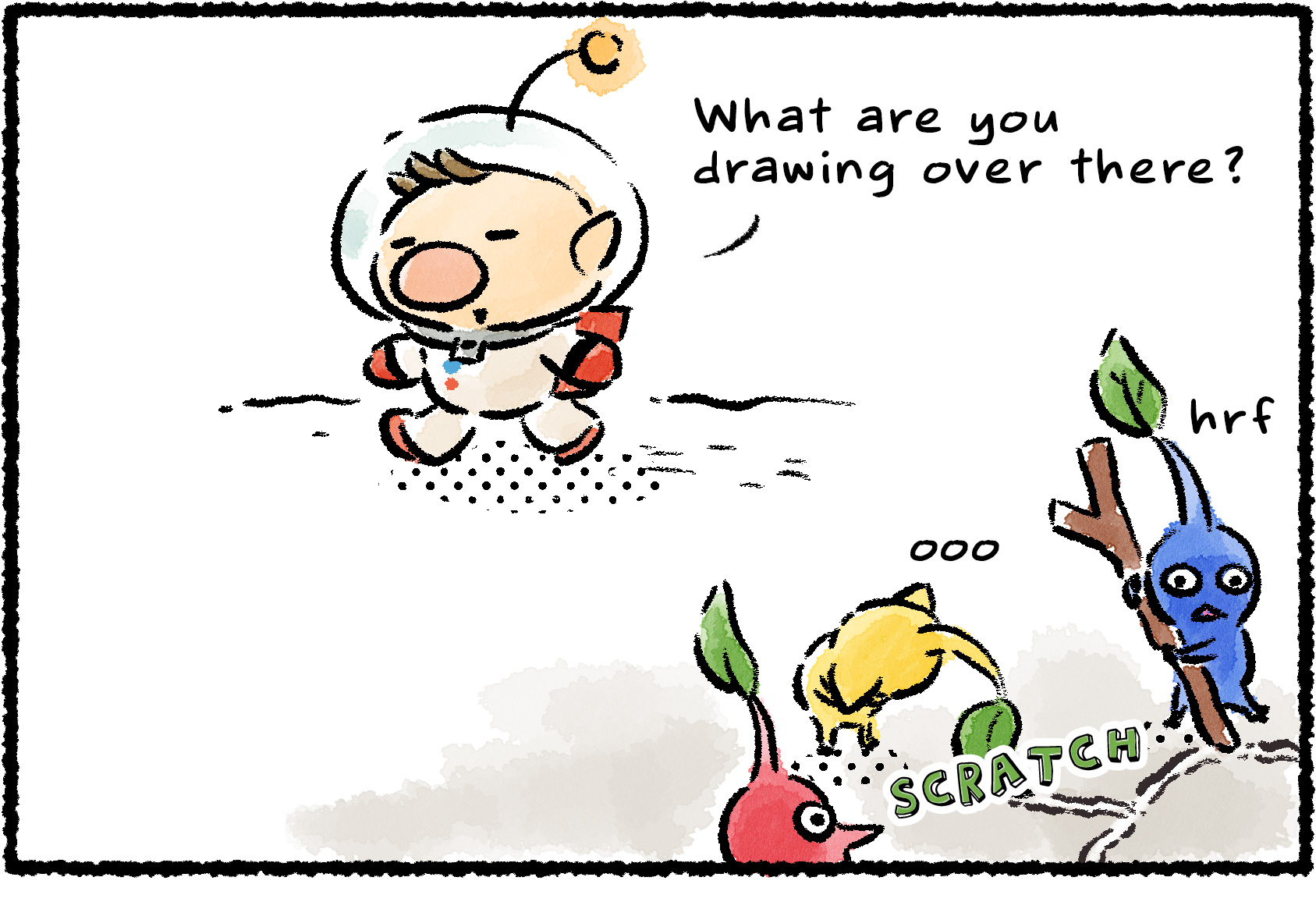 Panel one. Olimar happens upon a group of Pikmin that are drawing in the sand. The Yellow Pikmin is using its head leaf, while the Blue Pikmin is sketching with a stick.