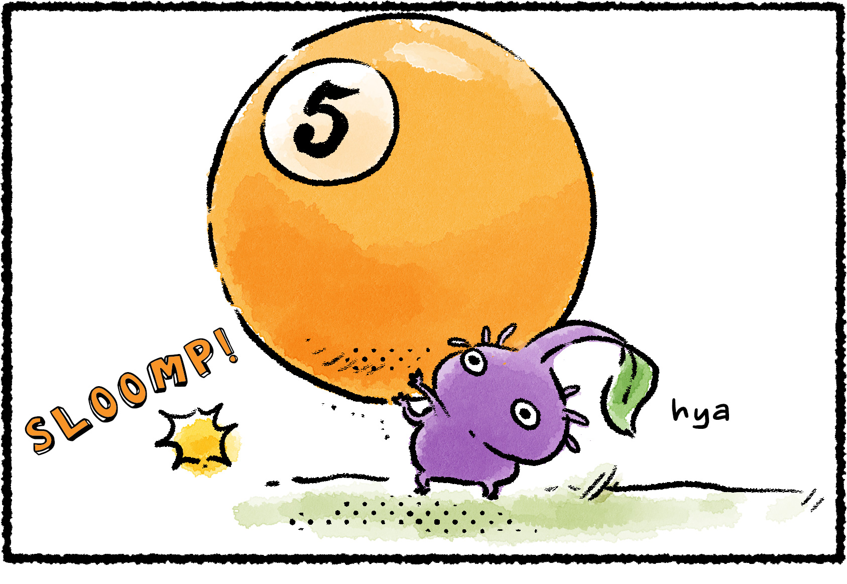 Panel one. A Purple Pikmin is carrying a billiard ball.