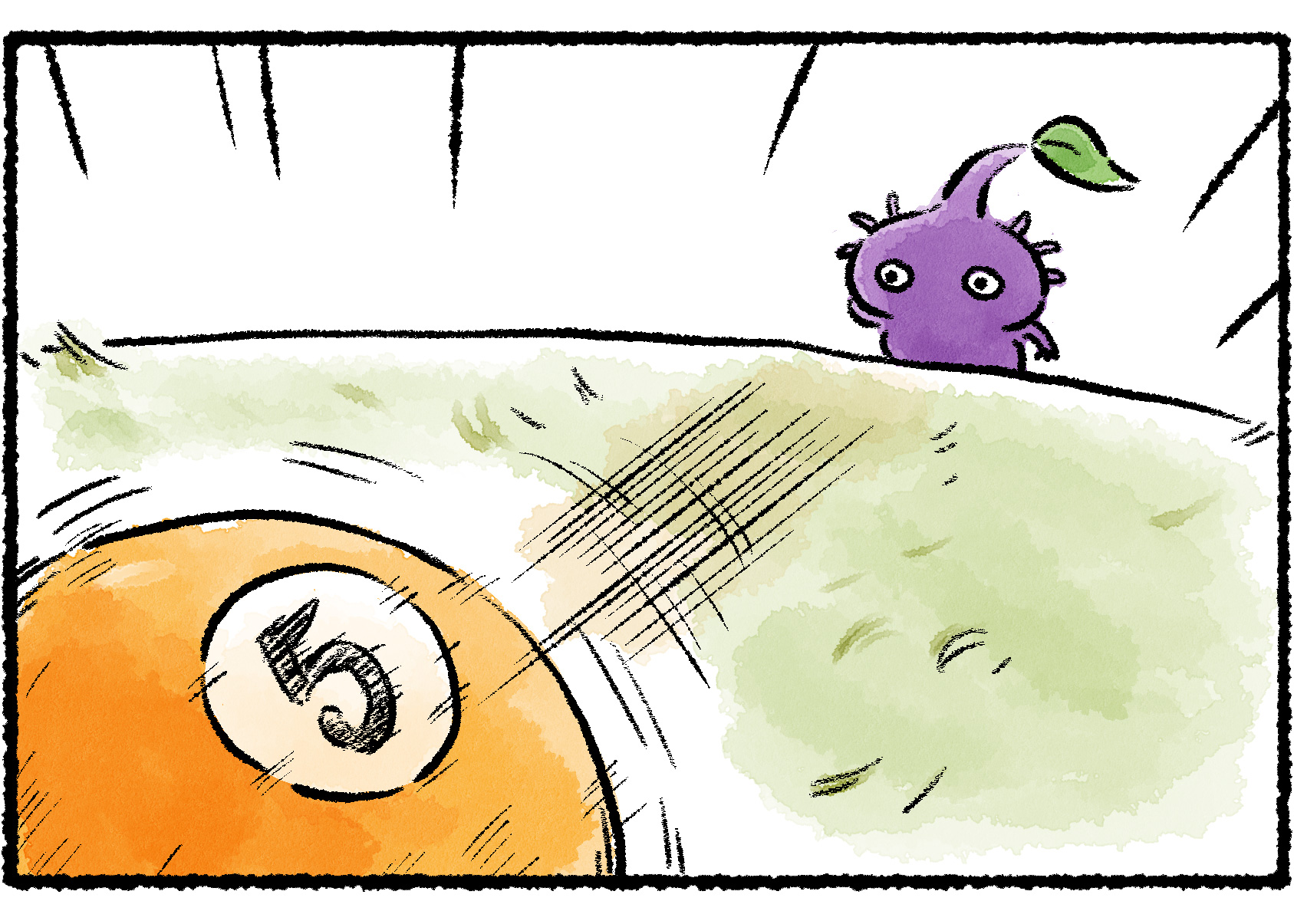 Panel two. The Purple Pikmin hurls the billiard ball forward, rolling it along the ground.