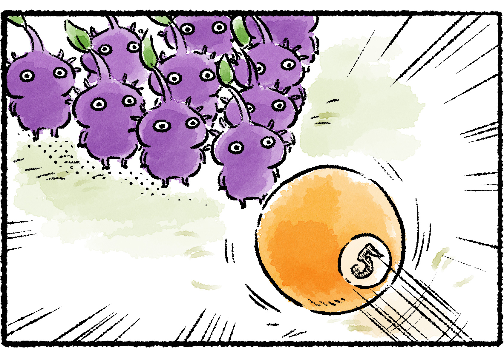 Panel three. The billard ball rolls at speed up to a group of Purple Pikmin standing in a triangle formation, as if they were setting up for a break in a game of pool.