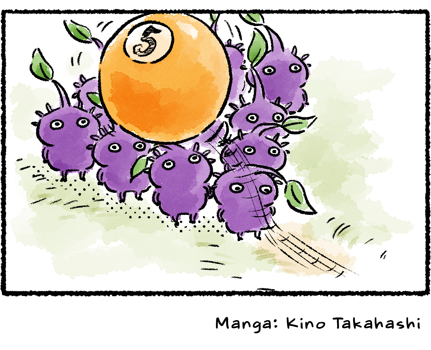 Panel four. The Purple Pikmin at the front of the triangle flips the billiard ball up with its stem. The ball lands on top of the triangular formation of Pikmin, who transition seamlessly into carrying it.