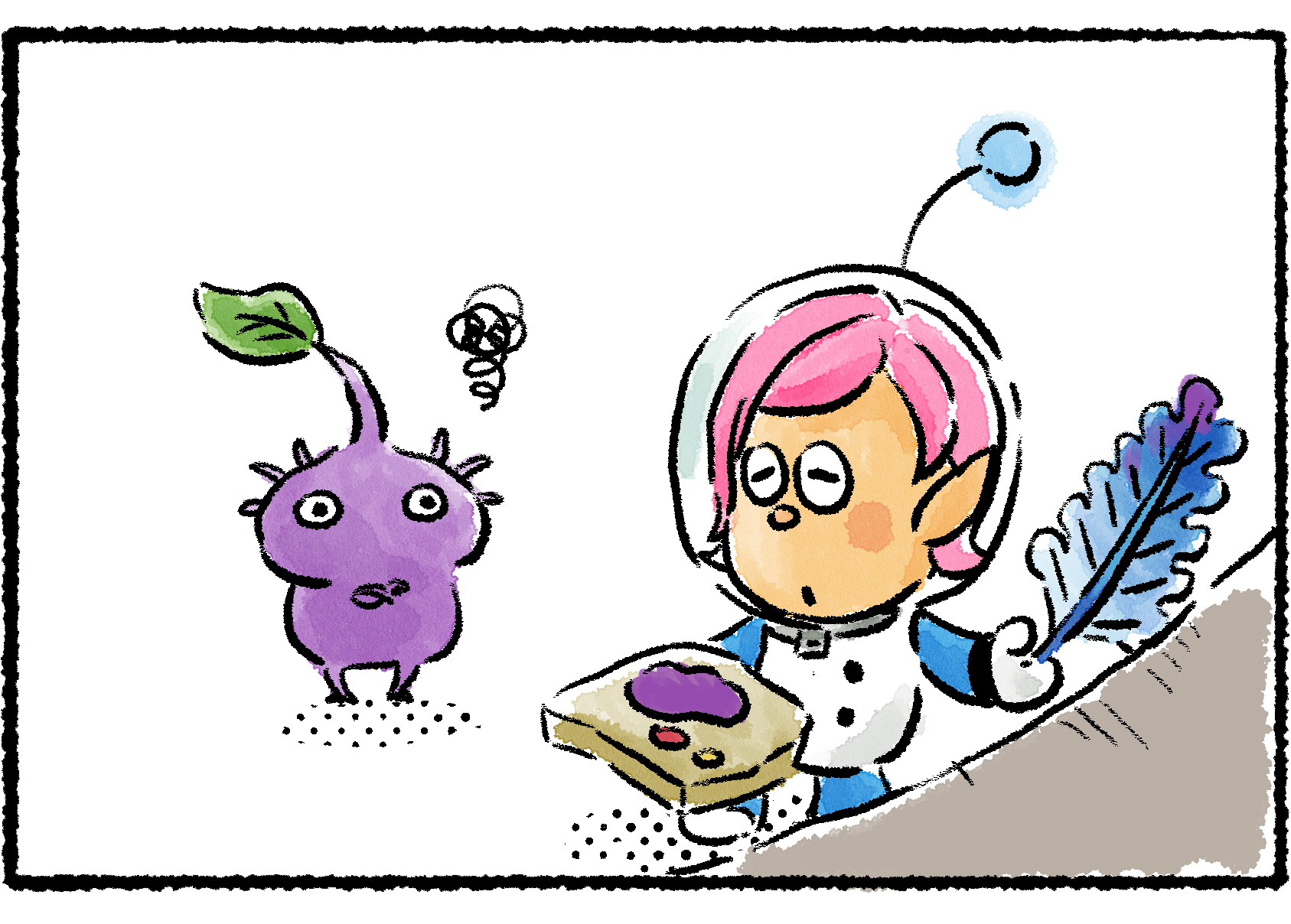 Panel three. A Purple Pikmin approaches Lapi's painting, looking a little anxious or annoyed.