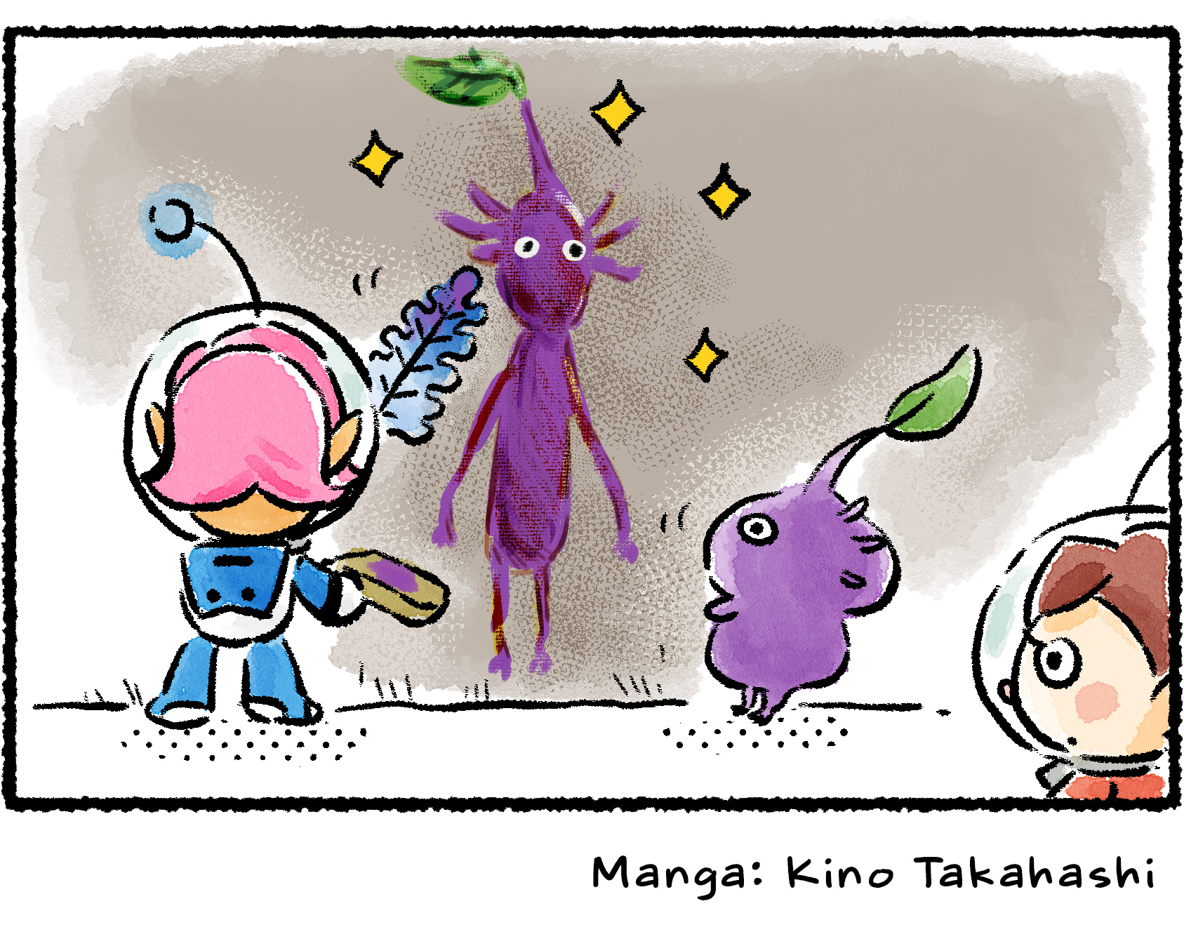 Panel four. Lapi modifies his painting of the Purple Pikmin, making it look much taller and leaner. The Purple Pikmin seems pleased with the result.