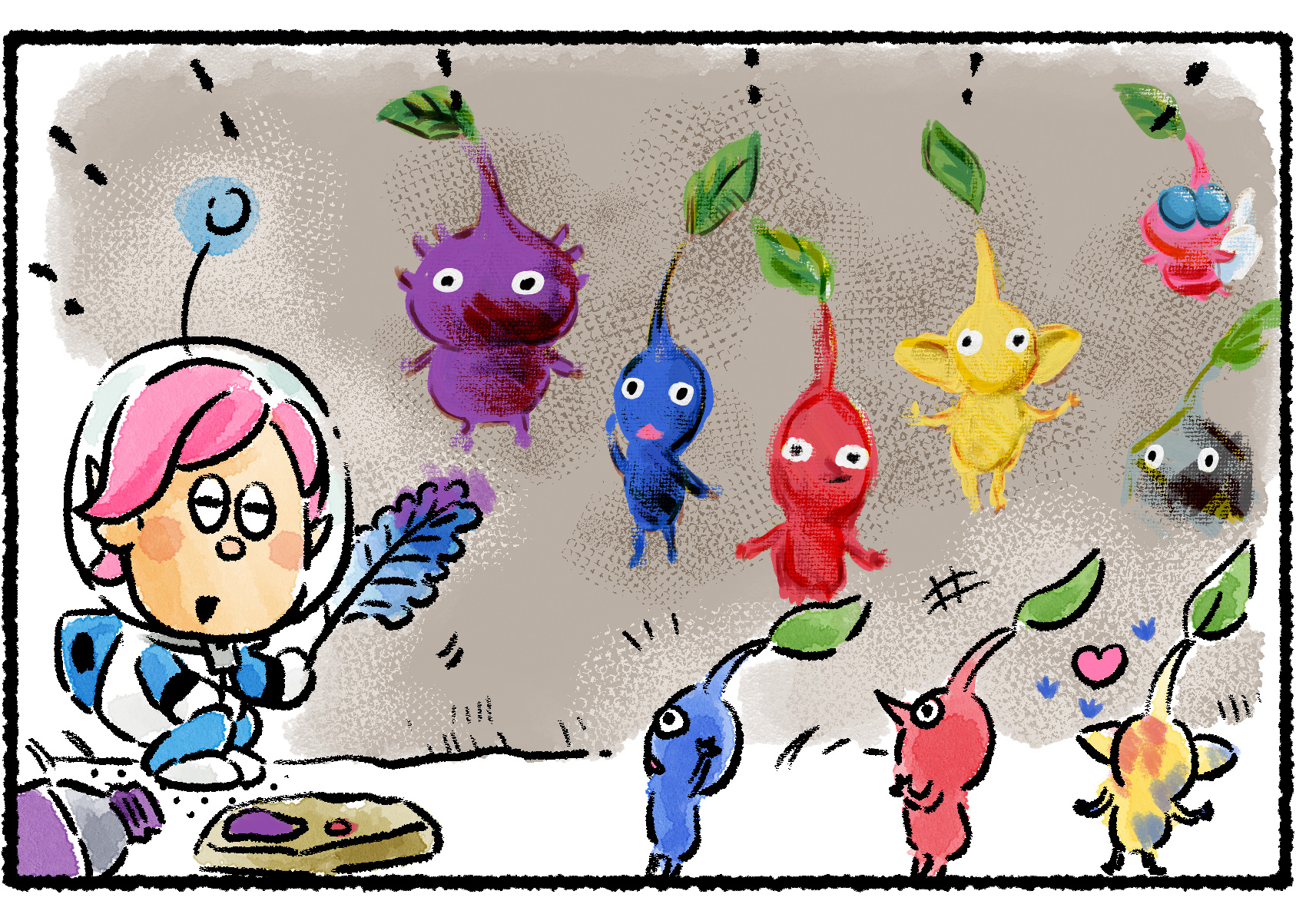 Panel two. Lapi shows the Pikmin how he has painted each of them in their likeness.