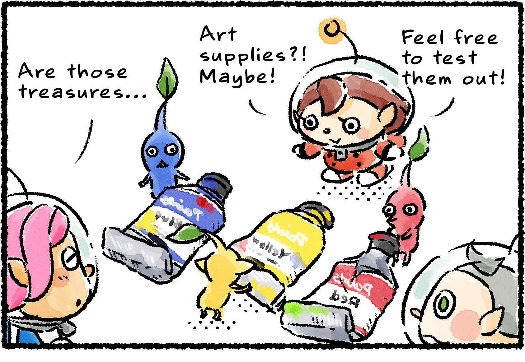 Panel one. A Rescue Officer and Pikmin have recovered some tubes of paint. Lapi asks, "Are those treasures…" and the Rescue Officer completes her thought: "Art supplies?! Maybe!" she says. "Feel free to test them out!"