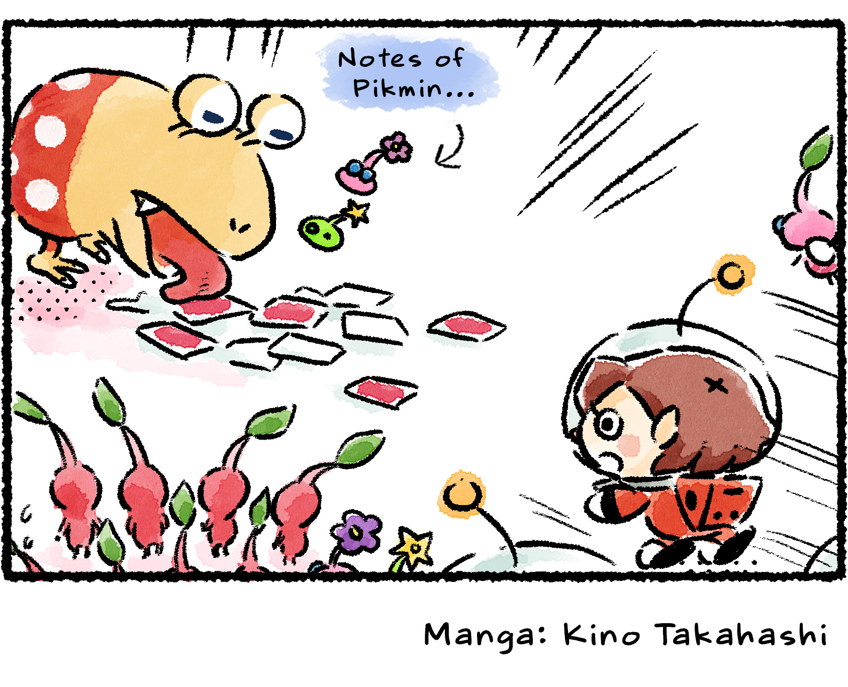 Panel four. The Rescue Officer looks on in horror as a Bulborb knocks over the construction and begins licking the cards on the ground. Descriptive text over the Bulborb reads: "Notes of Pikmin…"