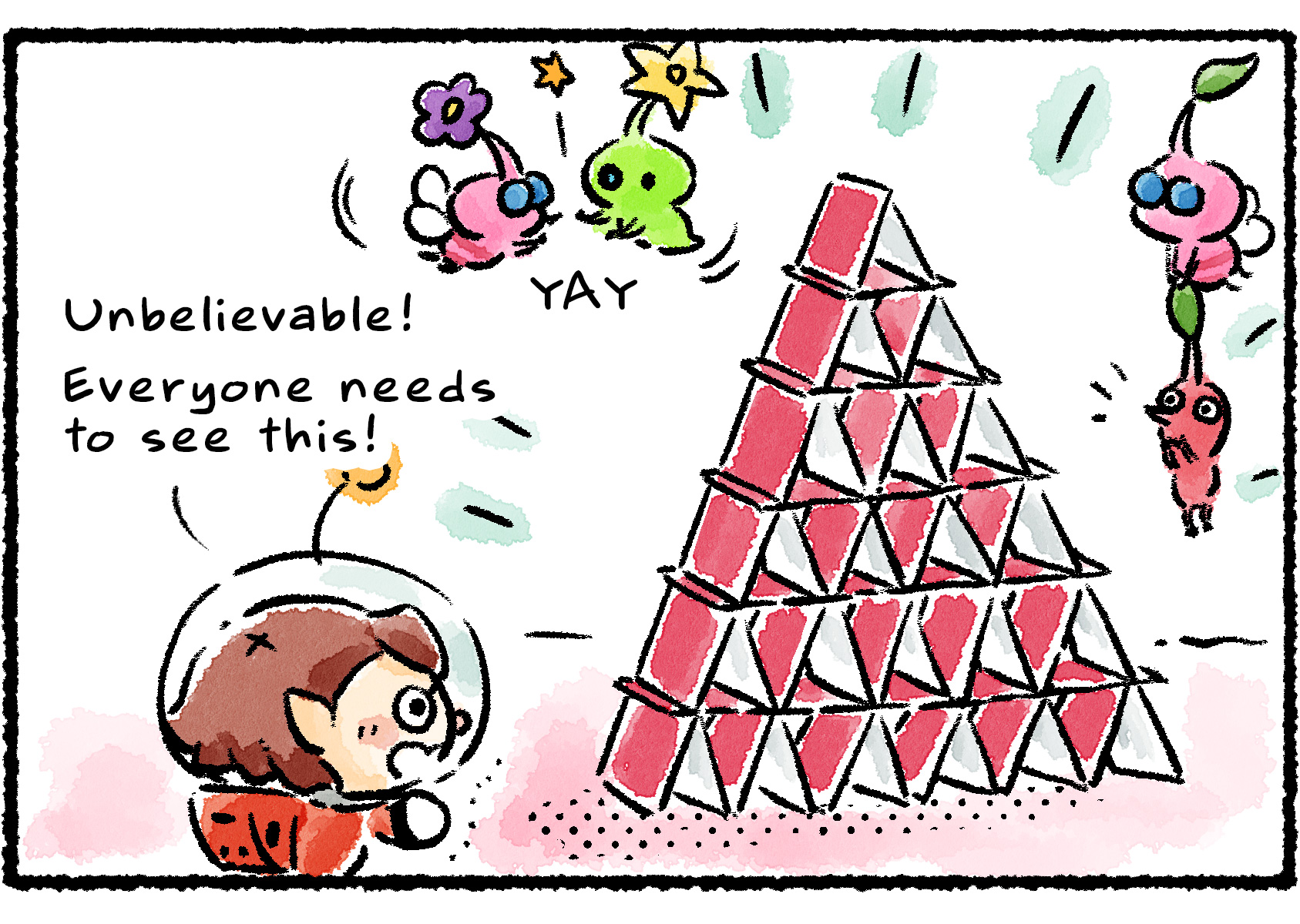 Panel two. A Rescue Officer watches in awe as the house of cards now stands taller than she is. "Unbelievable!" she says. "Everyone needs to see this!"