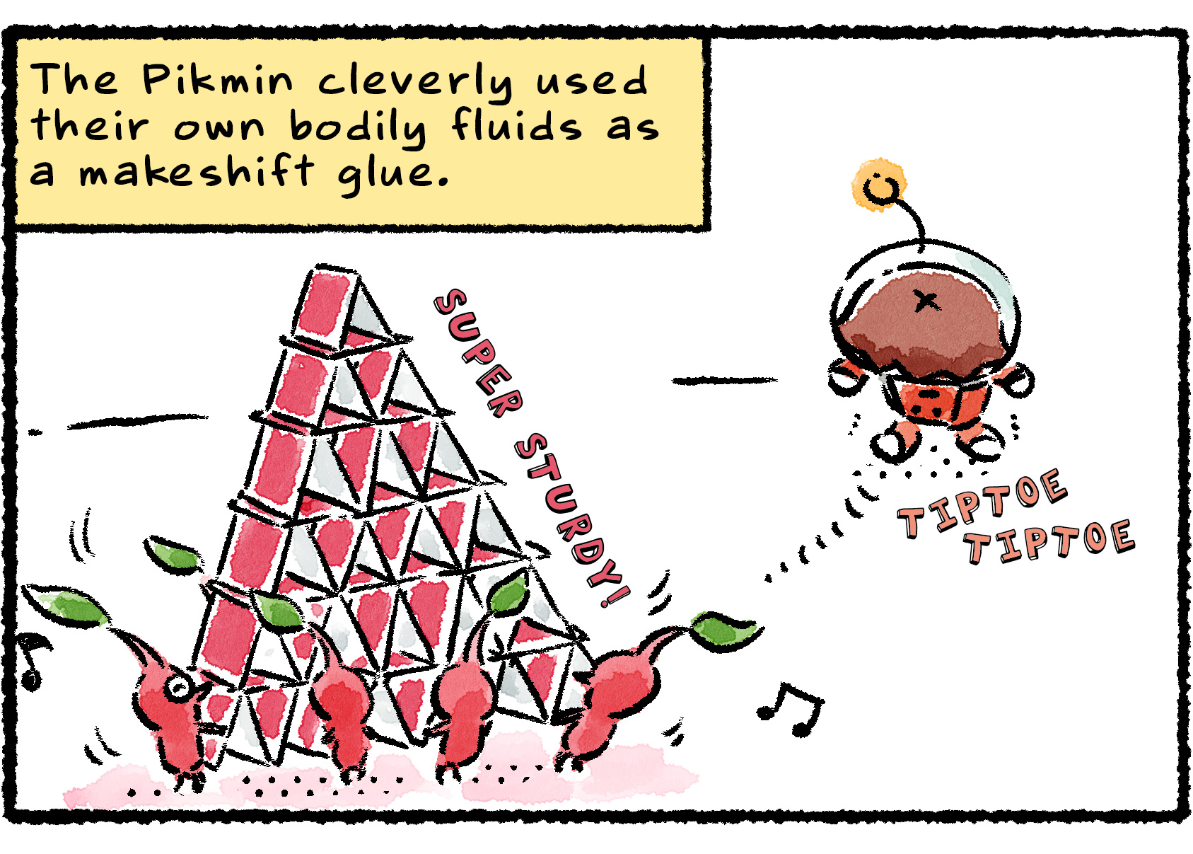 Panel three. A group of Red Pikmin lift up the house of cards and begin carrying it along. Narrator text reads: "The Pikmin cleverly used their own bodily fluids as a makeshift glue." This explains why the house of cards hasn't fallen down yet.