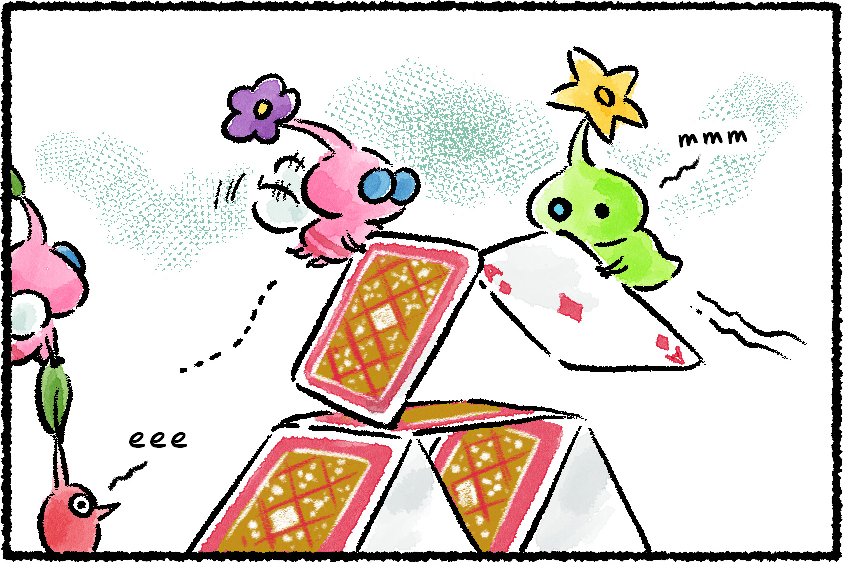 Panel one. A Winged Pikmin and a Glow Pikmin each carry a playing card toward the top of a tall house of cards.