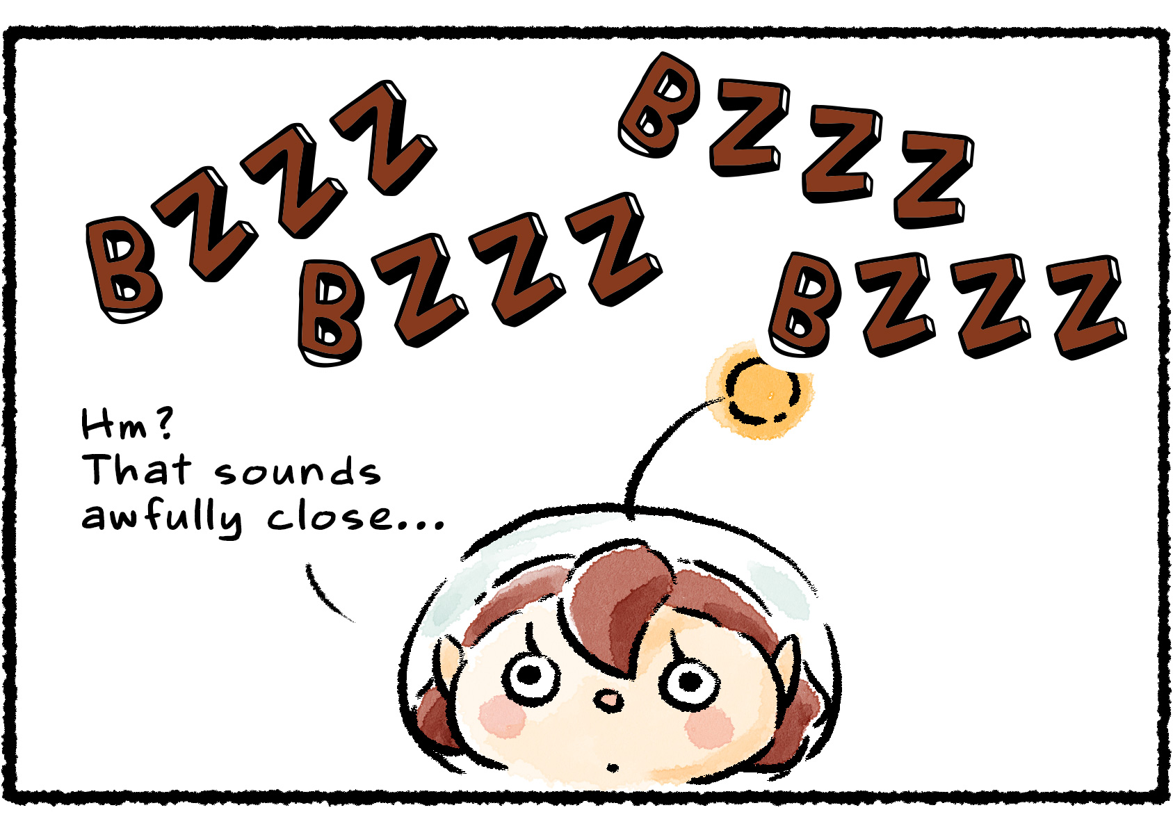 Panel two. Closeup of the Rescue Officer, with buzzing sound effects all around her, as she comes to a realization. "Hm? That sounds awfully close…"