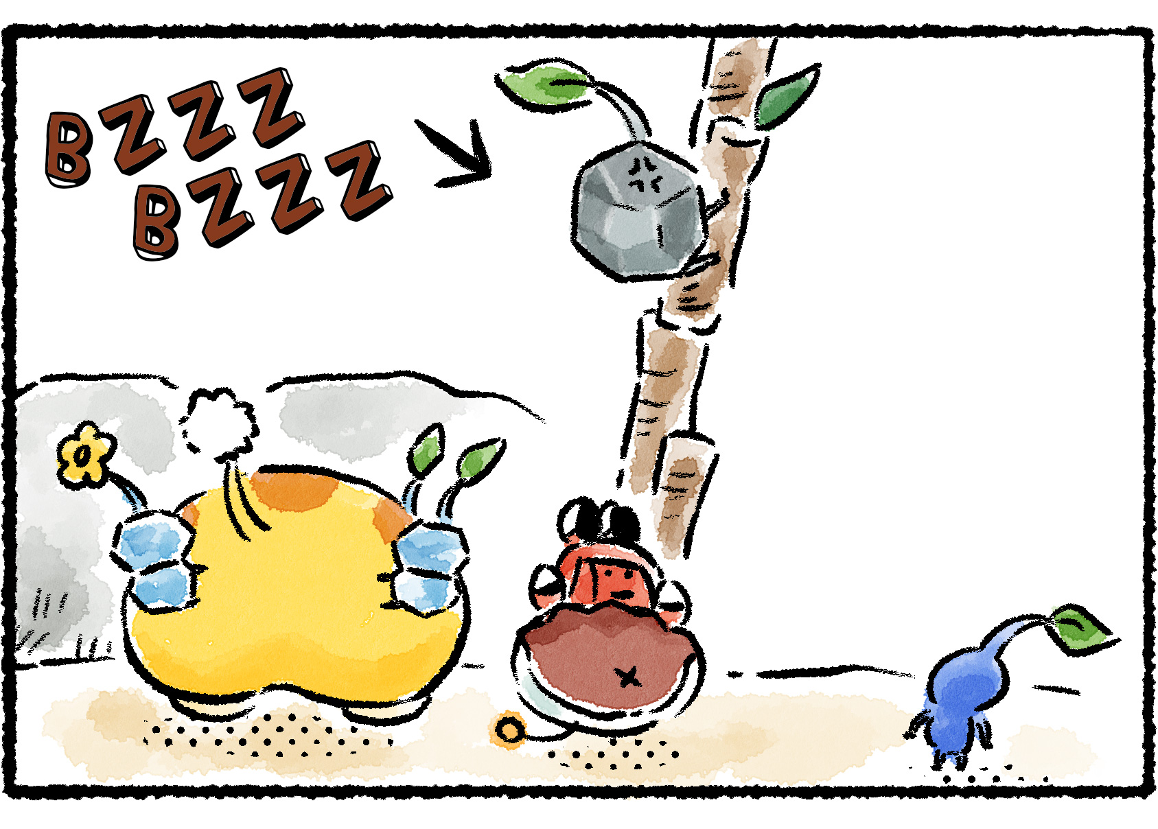 Panel three. The Rescue Officer sees a Rock Pikmin, clinging to a nearby stick, making insect-like buzzing sounds.