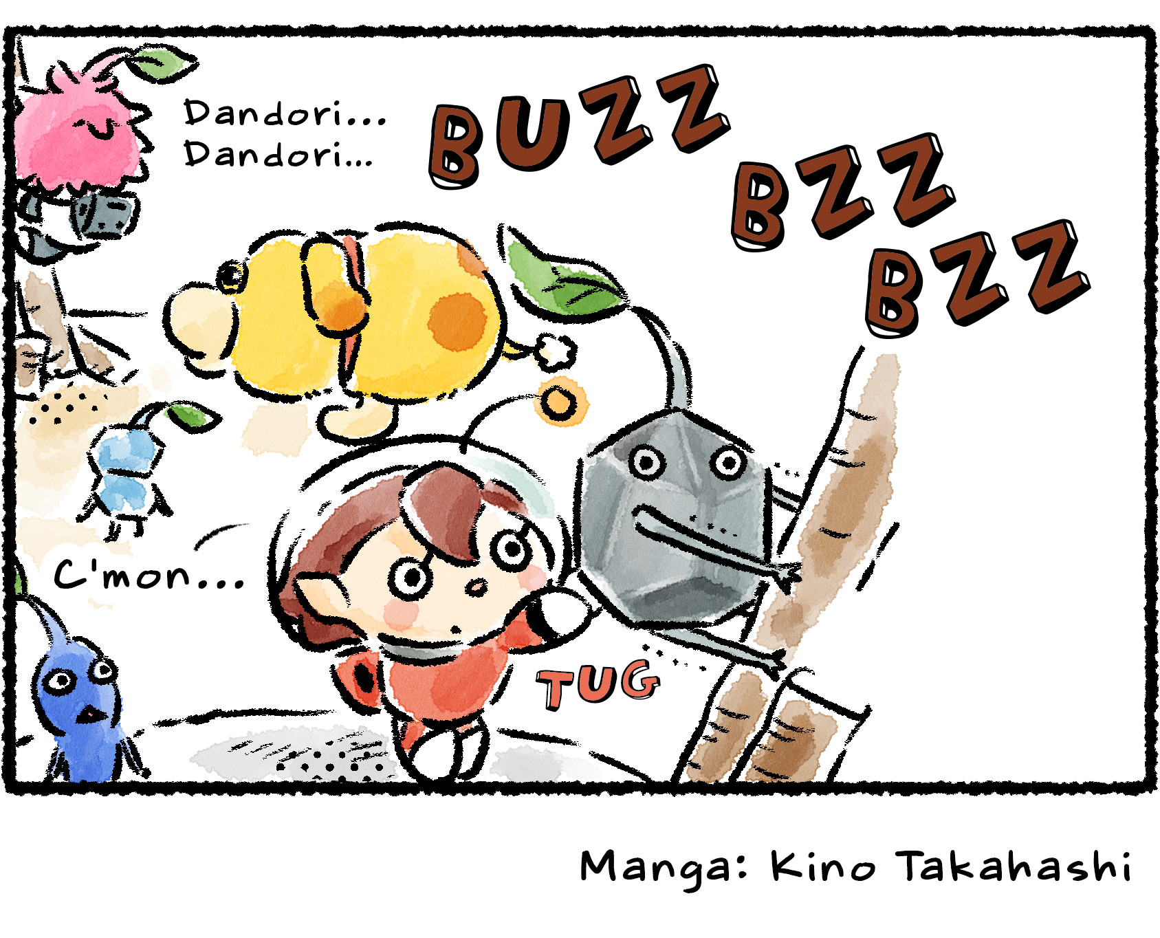 Panel four. The Rescue Officer tries to pull the Rock Pikmin down off the tree. "C'mon…" she says. In the background, a Leafling clings to a different stick, saying "Dandori… Dandori…"