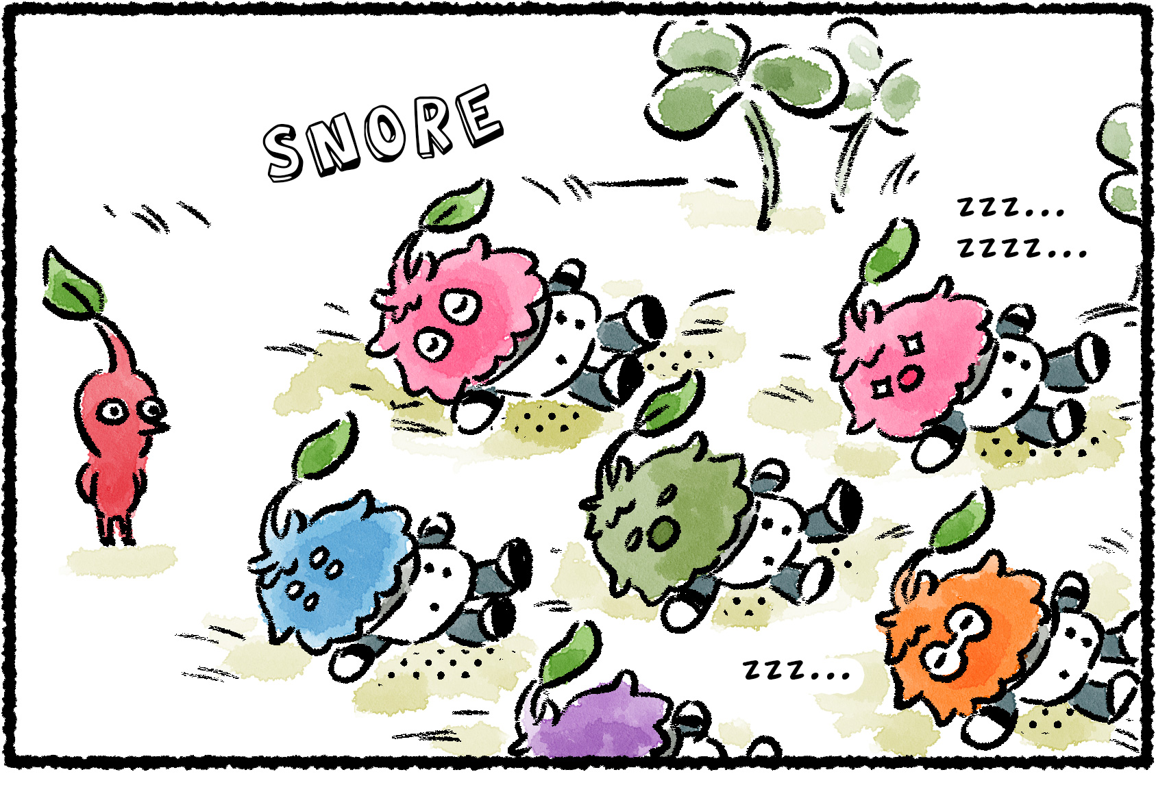 Panel one. A Red Pikmin watches as a group of Leaflings sleep on the ground.
