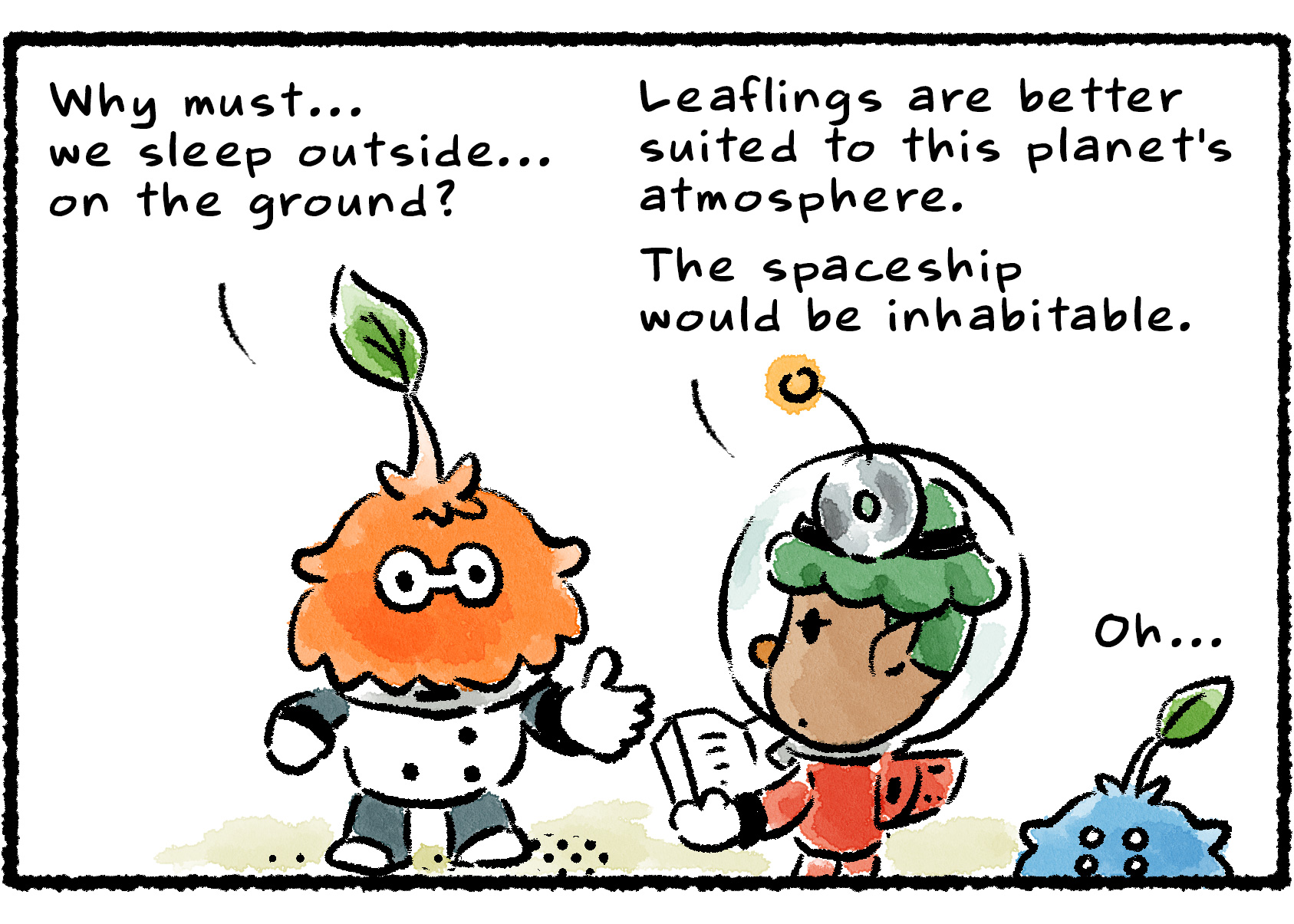 Panel two. An orange Leafling asks Yonny, "Why must…we sleep outside...on the ground?" Yonny replies, "Leaflings are better suited to this planet's atmosphere. The spaceship would be uninhabitable."