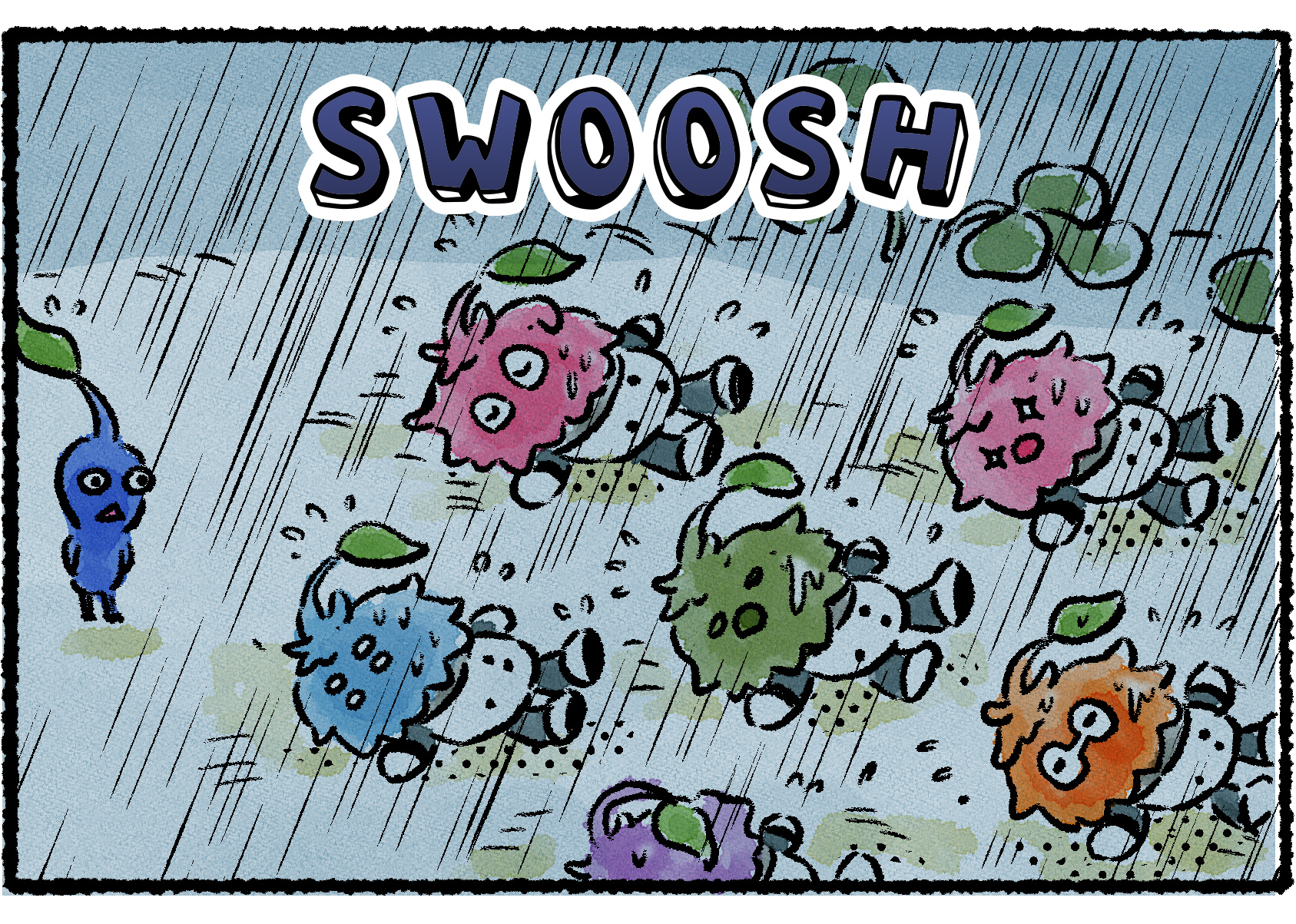 Panel three. A Blue Pikmin watches the same group of Leaflings sleeping on the ground in the pouring rain.