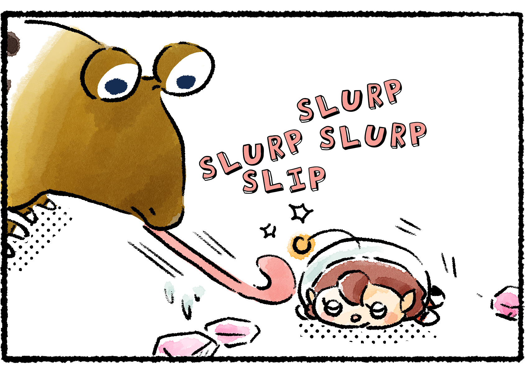 Panel three. A Whiptongue Bulborb licks the unconscious Rescue Officer.