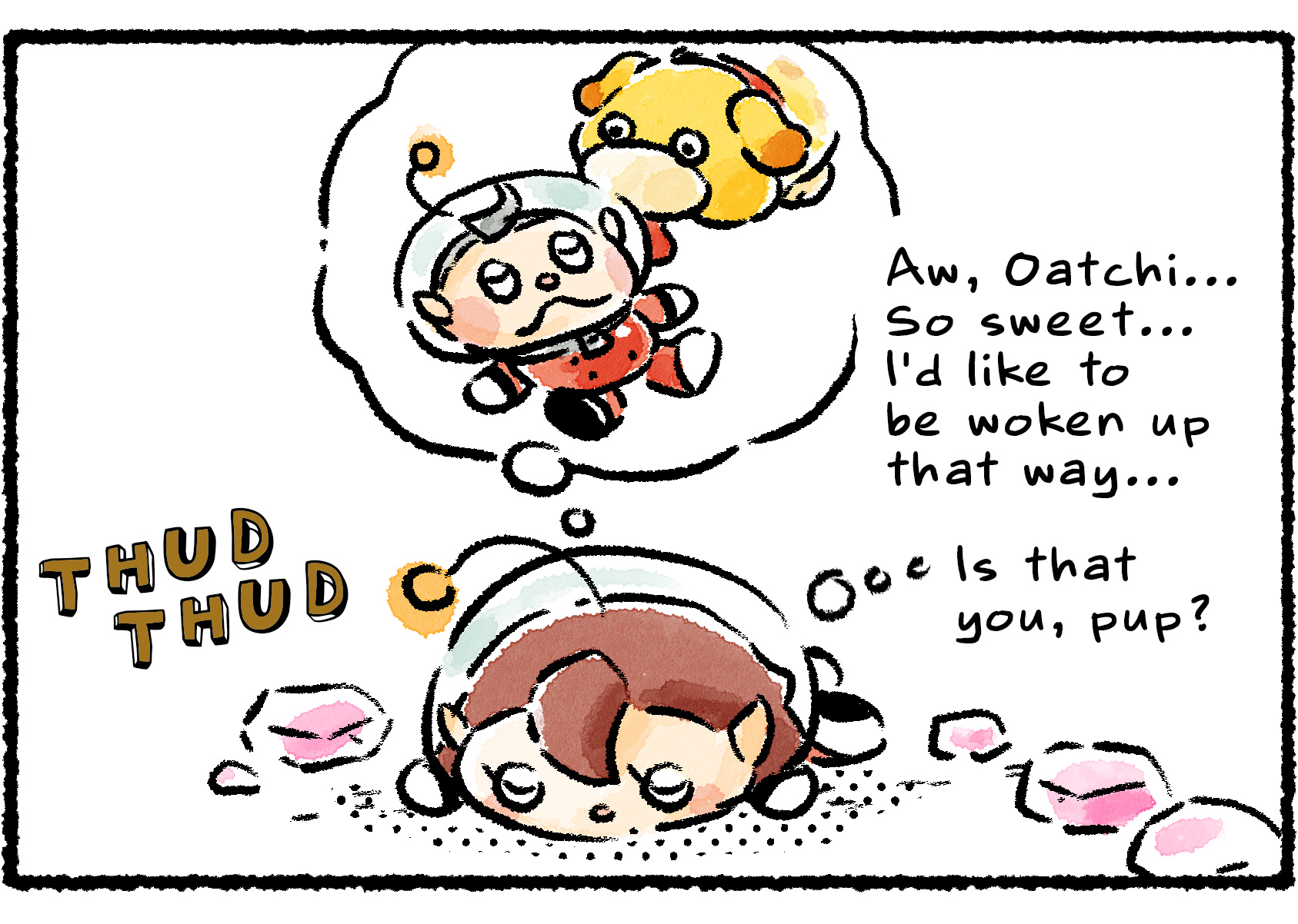 Panel two.  "I've always wanted Oatchi to wake me up…" the Rescue Officer thinks. "It looks so nice…" Half unconscious, she dreamily imagines that the thudding footfalls appraching her are Oatchi's.