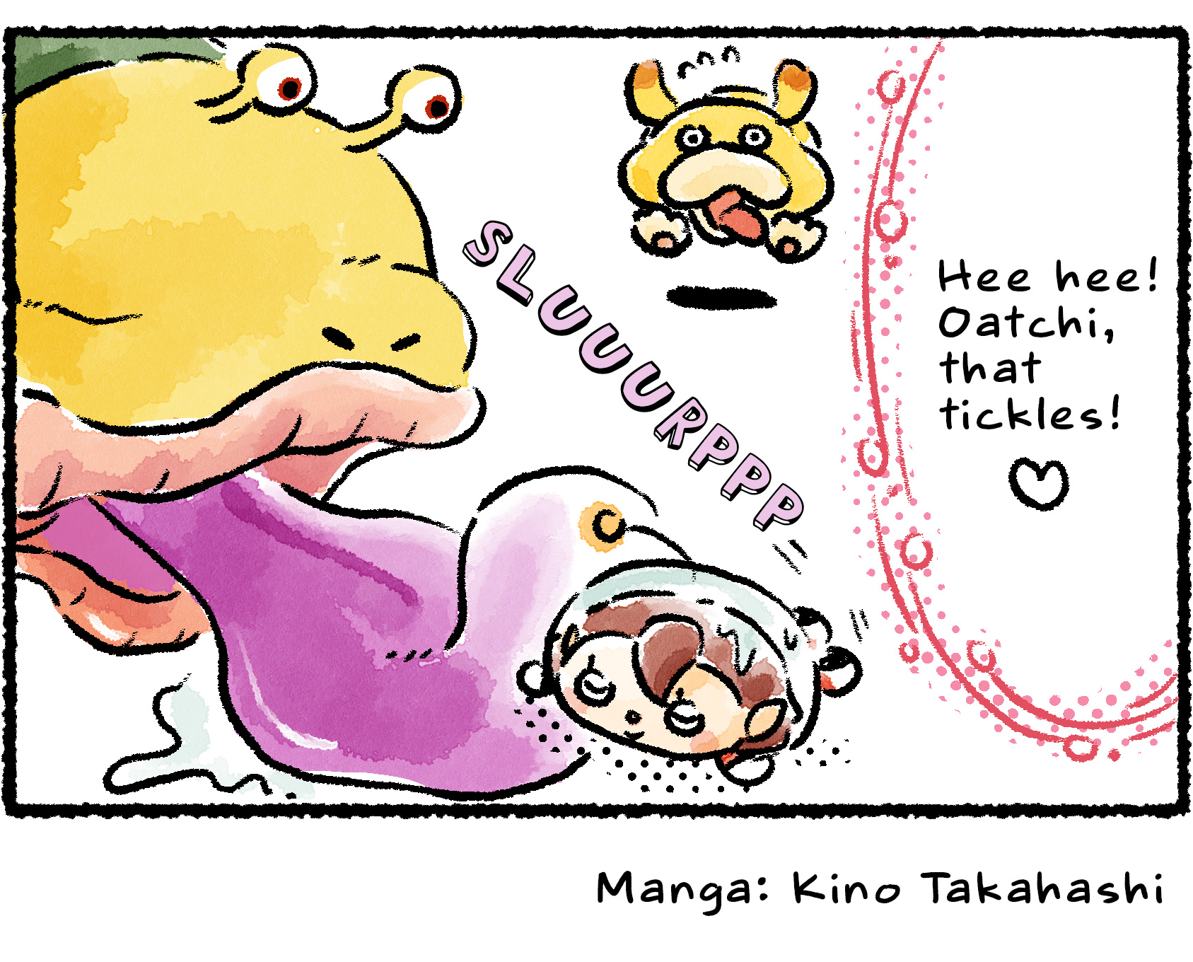 Panel four. Now it's an Emperor Bulblax licking the unconscious Rescue Officer. "Hee hee!" she thinks. "Oatchi, that tickles!" As the Bulblax starts to slurp her up, Oatchi hurries to the rescue.