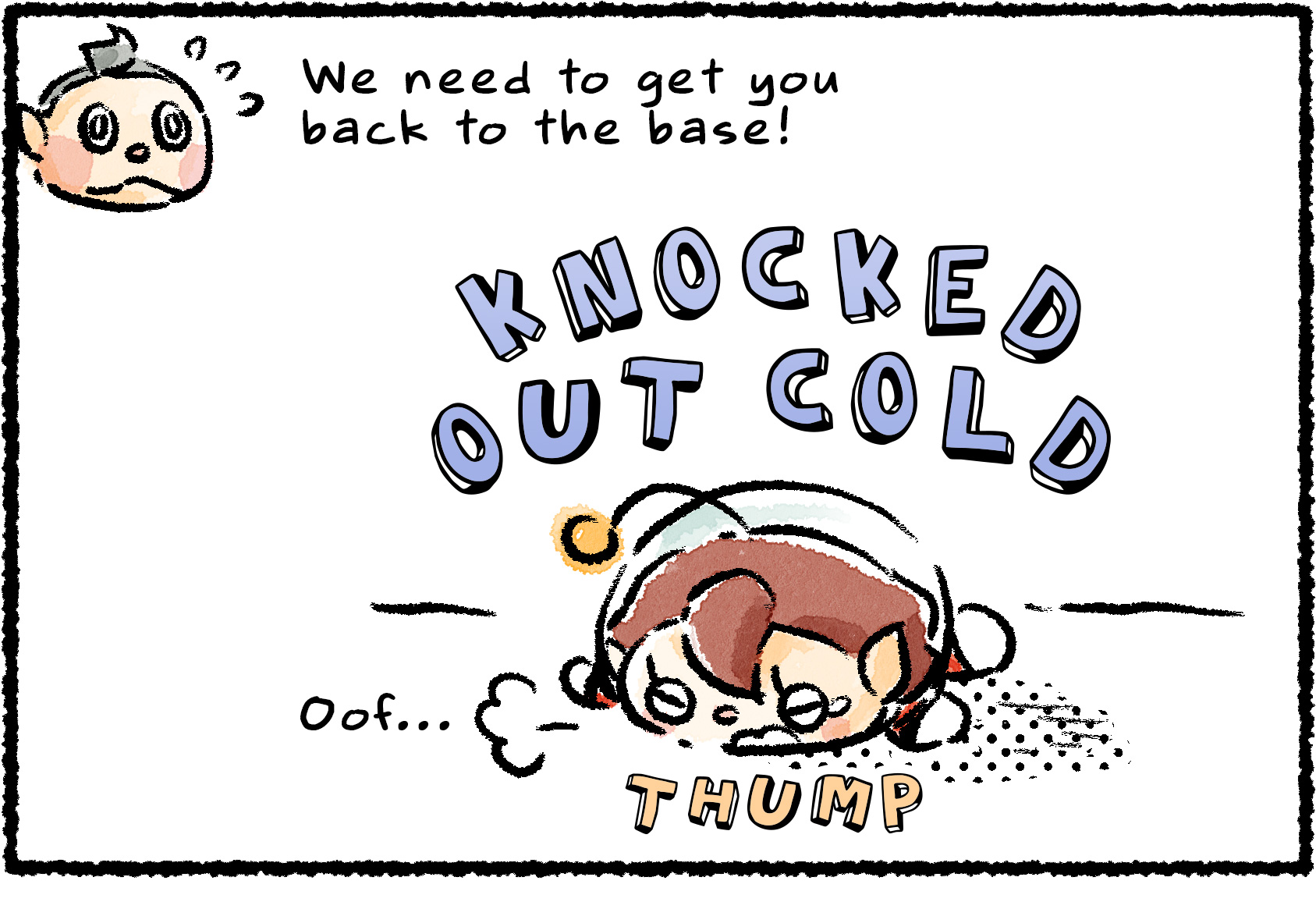 Panel one. A Rescue Officer falls face down on the ground with a thug. "Oh…no…" Descriptive text reads: "KNOCKED OUT COLD." Over comms, Collin says, "Transporting you back to base!"