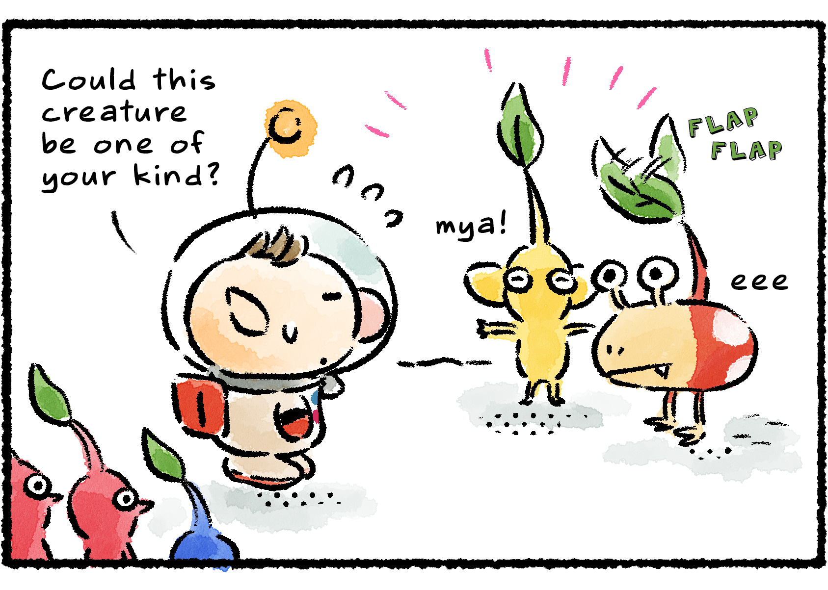 Panel two. The Yellow Pikmin has brought the Bulbmin back to Olimar. "Could this creature be one of your kind?" Olimar asks. The Bulbmin wags its stem.