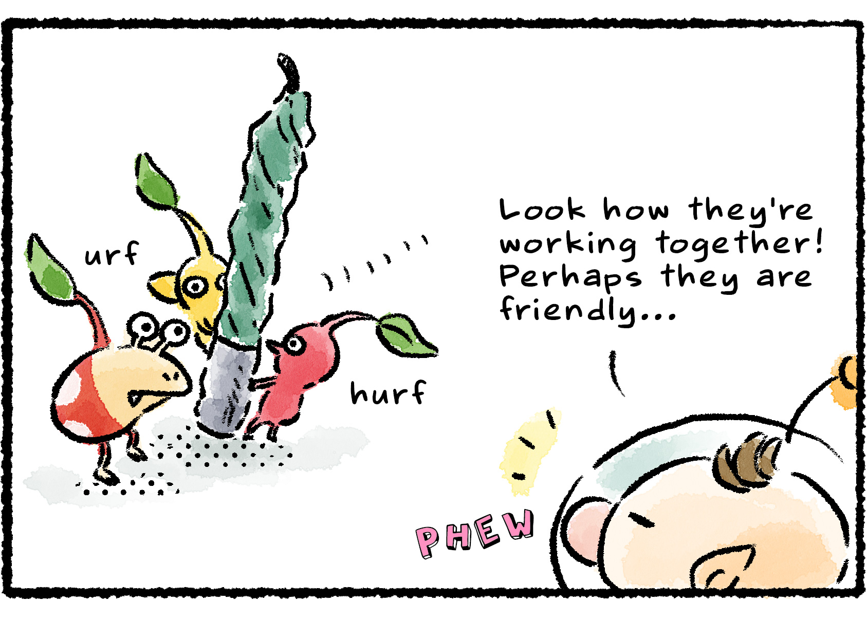 Panel three. The Bulbmin stands with some Pikmin that are lifting up a candle. With a sigh of relief, Olimar says, "Look at how they're working together! Perhaps they are friendly…"