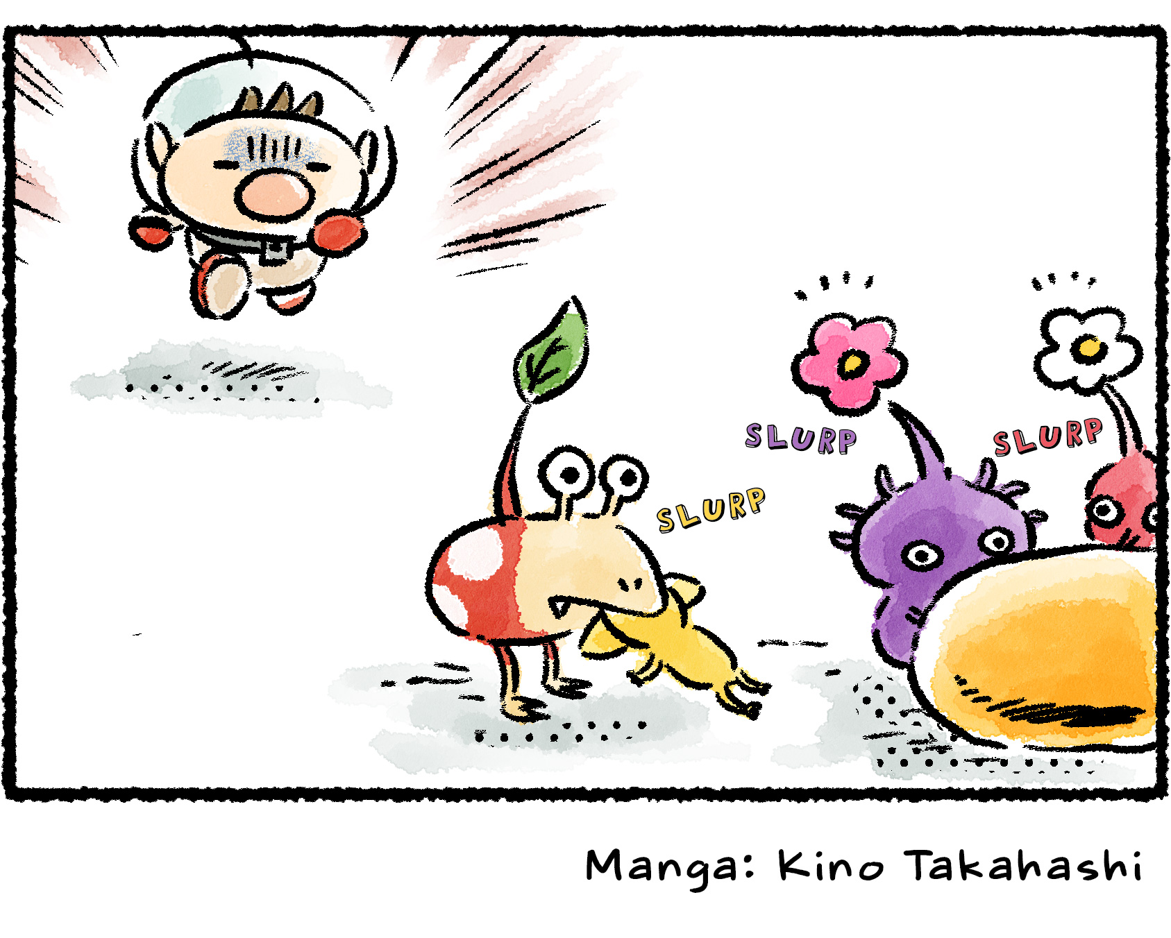 Panel four. The Pikmin have found some nectar and are eating. Olimar has to rush to intervene as the Bulbmin gobbles up its own food: a Yellow Pikmin.
