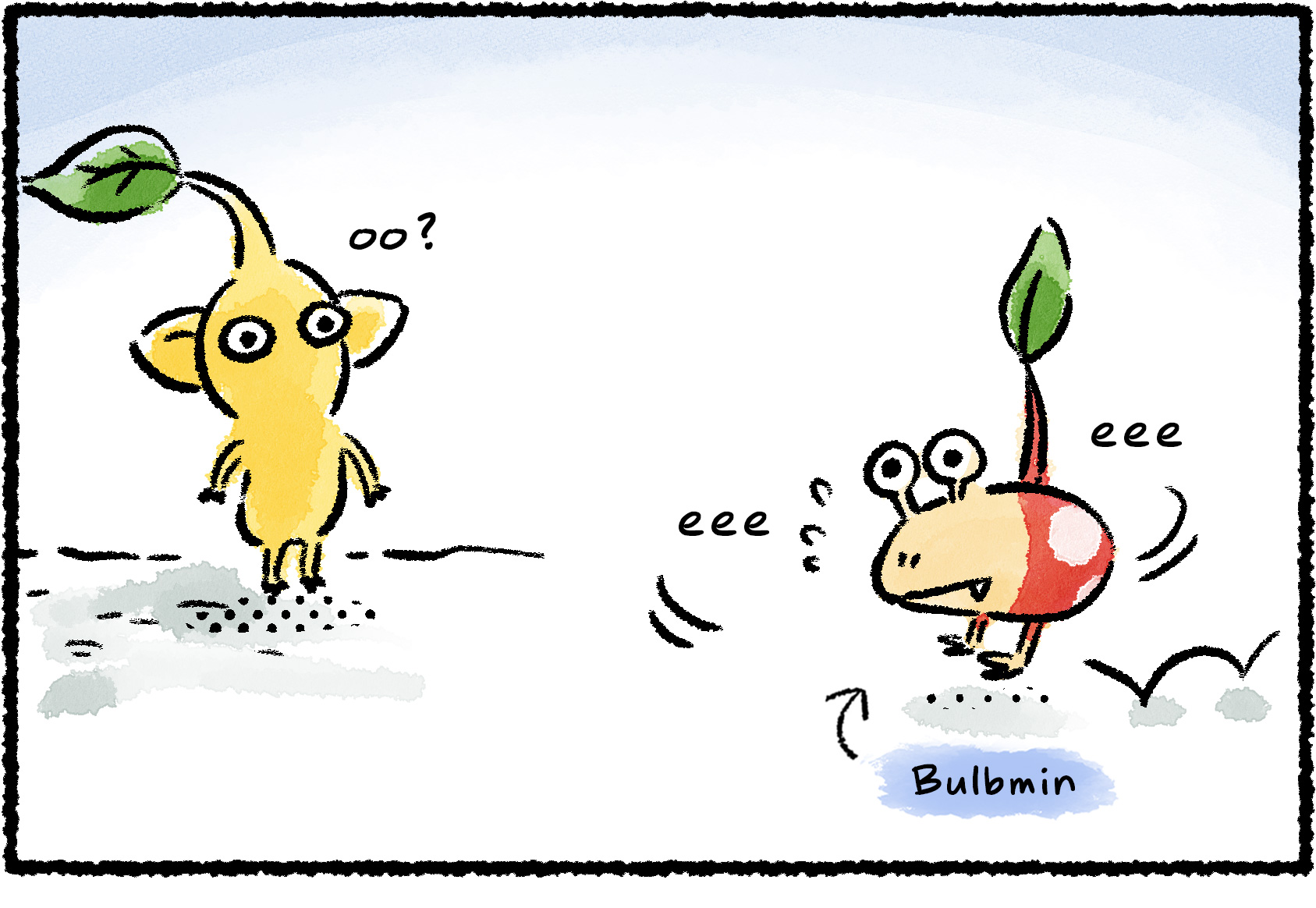 Panel one. A Yellow Pikmin encounters a stray Bulbmin that looks lost.