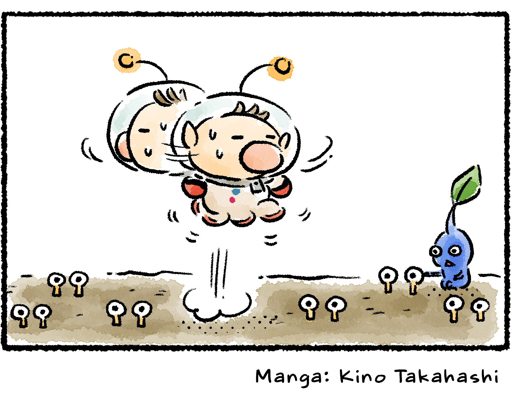Panel four. Olimar leaps into the air, startled, as pairs of Bulborb eyes sprout up all around him. It seems the Bulbmin do look different when they're buried in the ground after all.