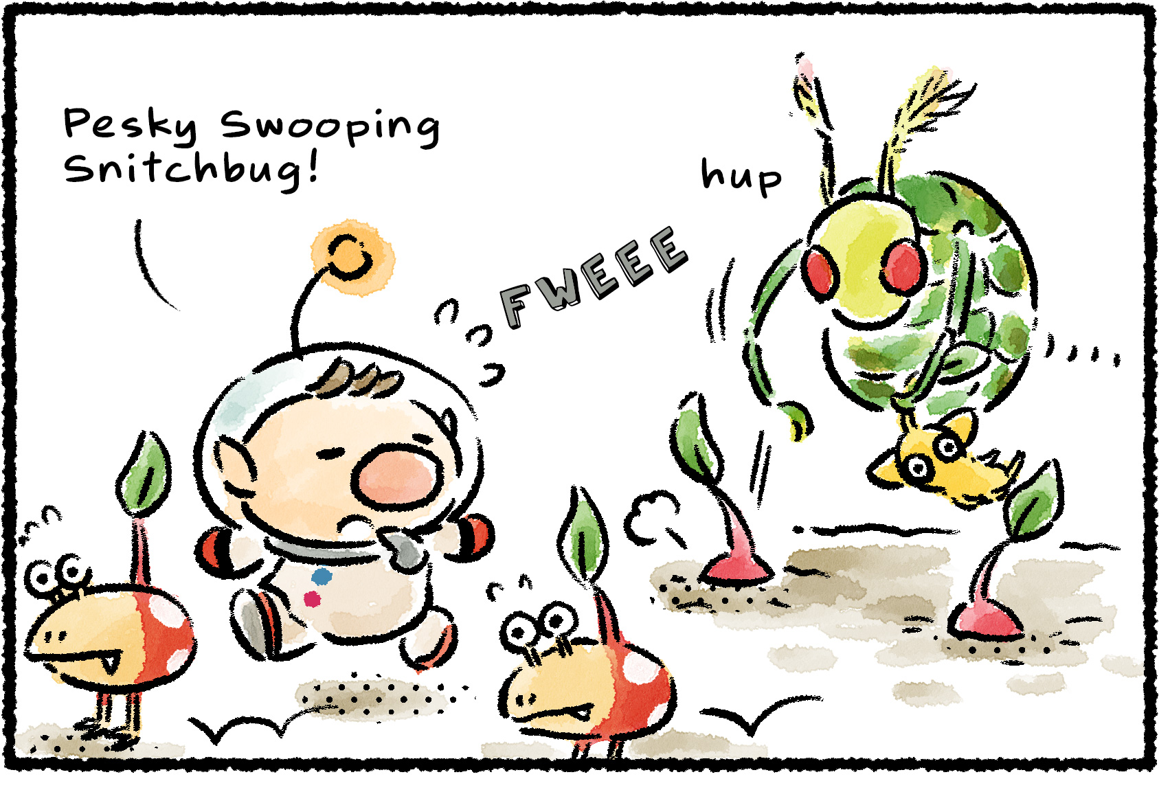 Panel one. A Swooping Snitchbug is hurling Pikmin into the ground. "Pesky Swooping Snitchbug!" Olimar says, leading several Bulbmin away from it.