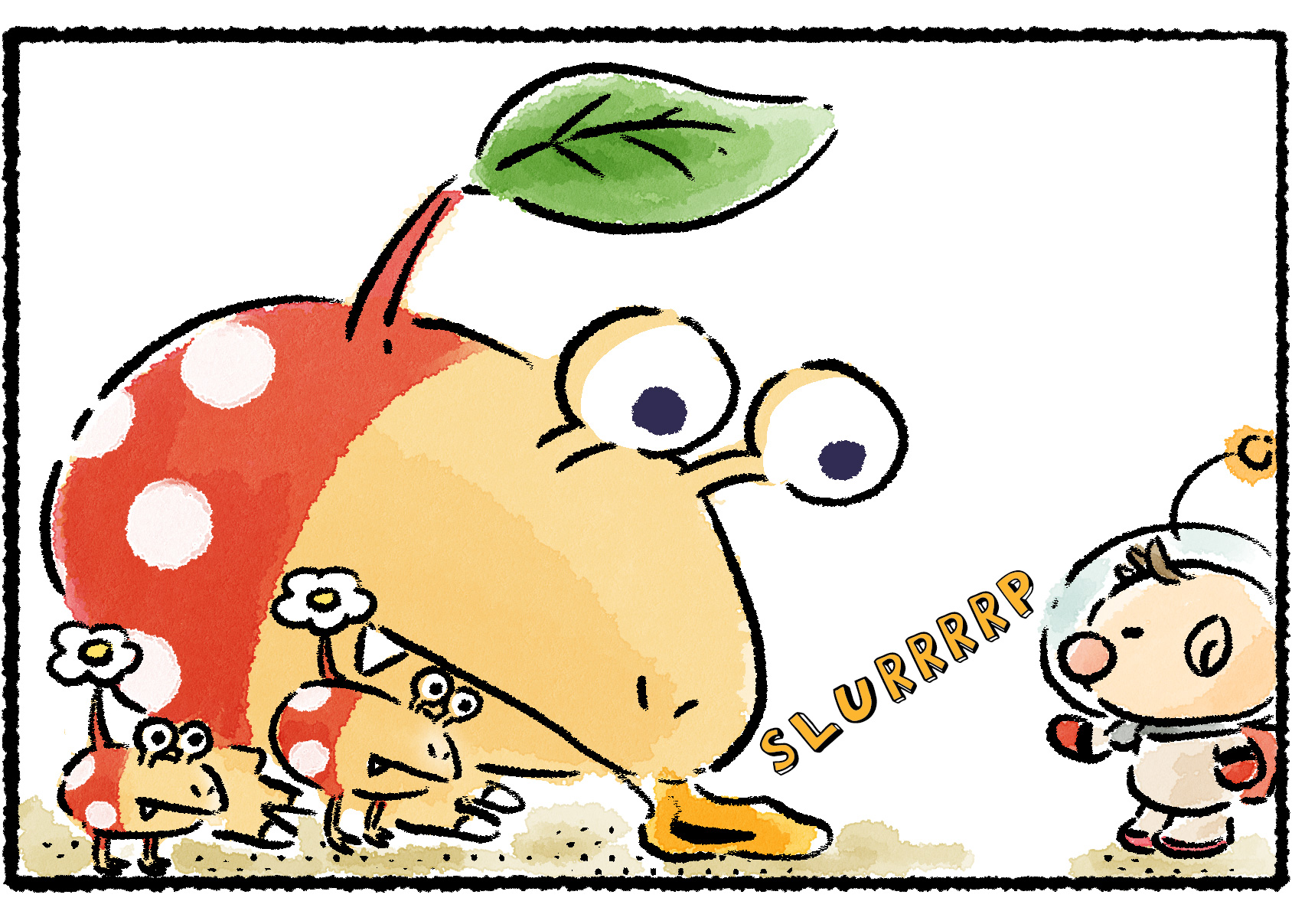 Panel three. A much larger adult Bulbmin hurriedly gobbles up the nectar.