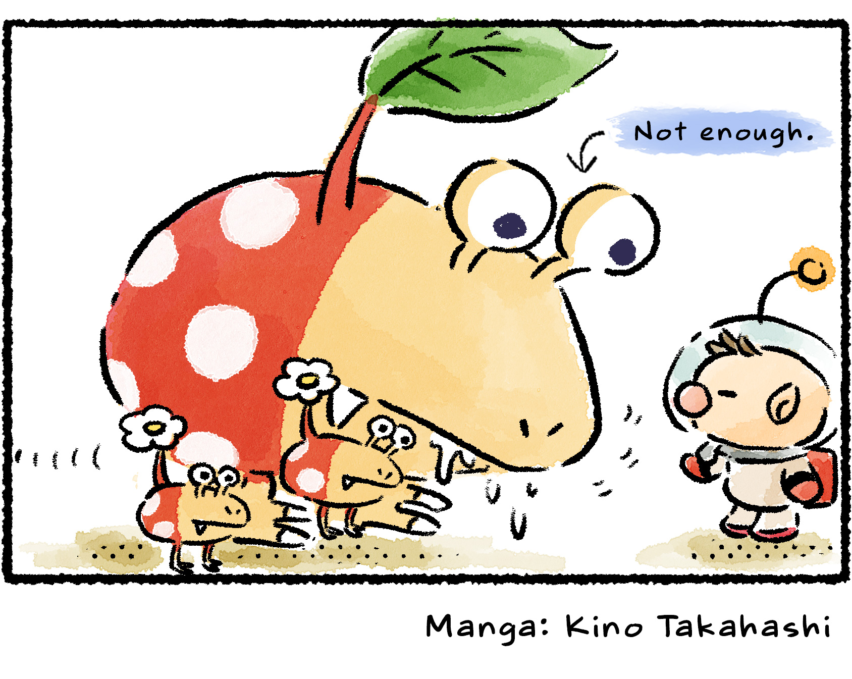 Panel four. The imposing adult Bulbmin stares down at Olimar, salivating. An arrow points to it with descriptive text that reads: "Needs more."