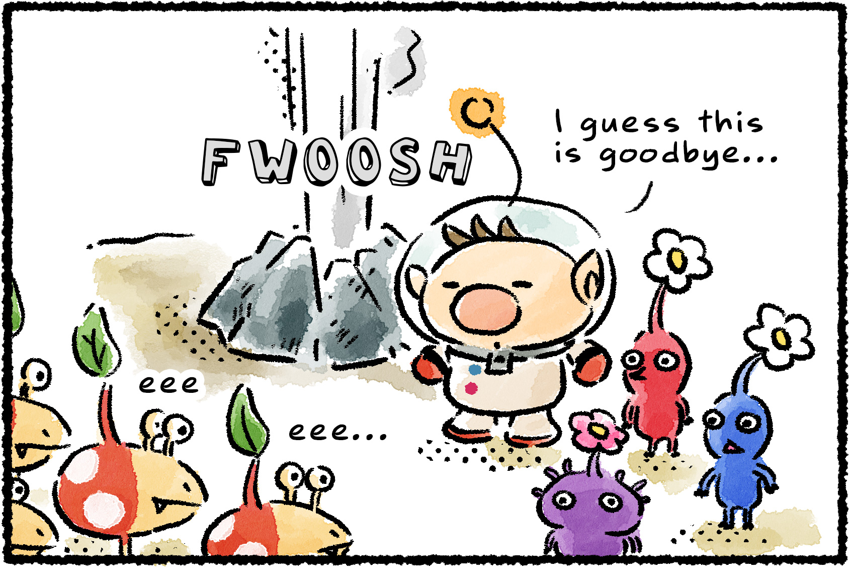 Panel one. Olimar and Pikmin stand by the geyser that serves as an exit to a cave. Olimar turns to the nearby Bulbmin he is leaving behind. "I guess this is goodbye…"
