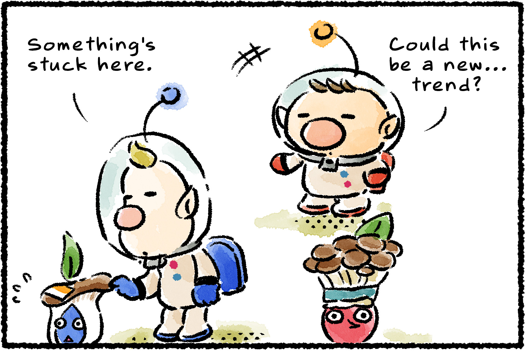 Panel one. Olimar and Louie come across some Pikmin with mushrooms sticking out of their heads. "Something's stuck here," Louie says. "Could this be a new…trend?" Olimar wonders.