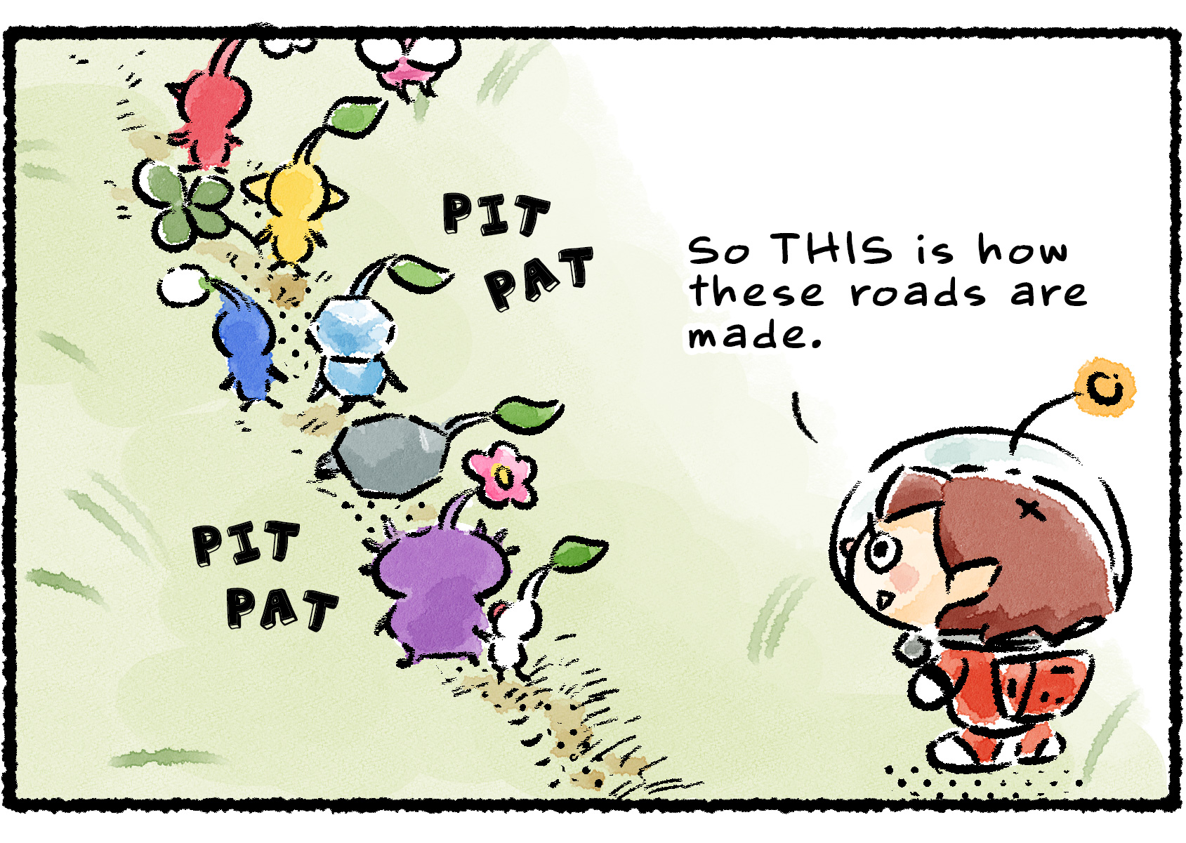 Panel two. A Rescue Officer observes how the Pikmin leave a light trail in the grass as they go. "So THIS is how these roads are made," she says to herself.