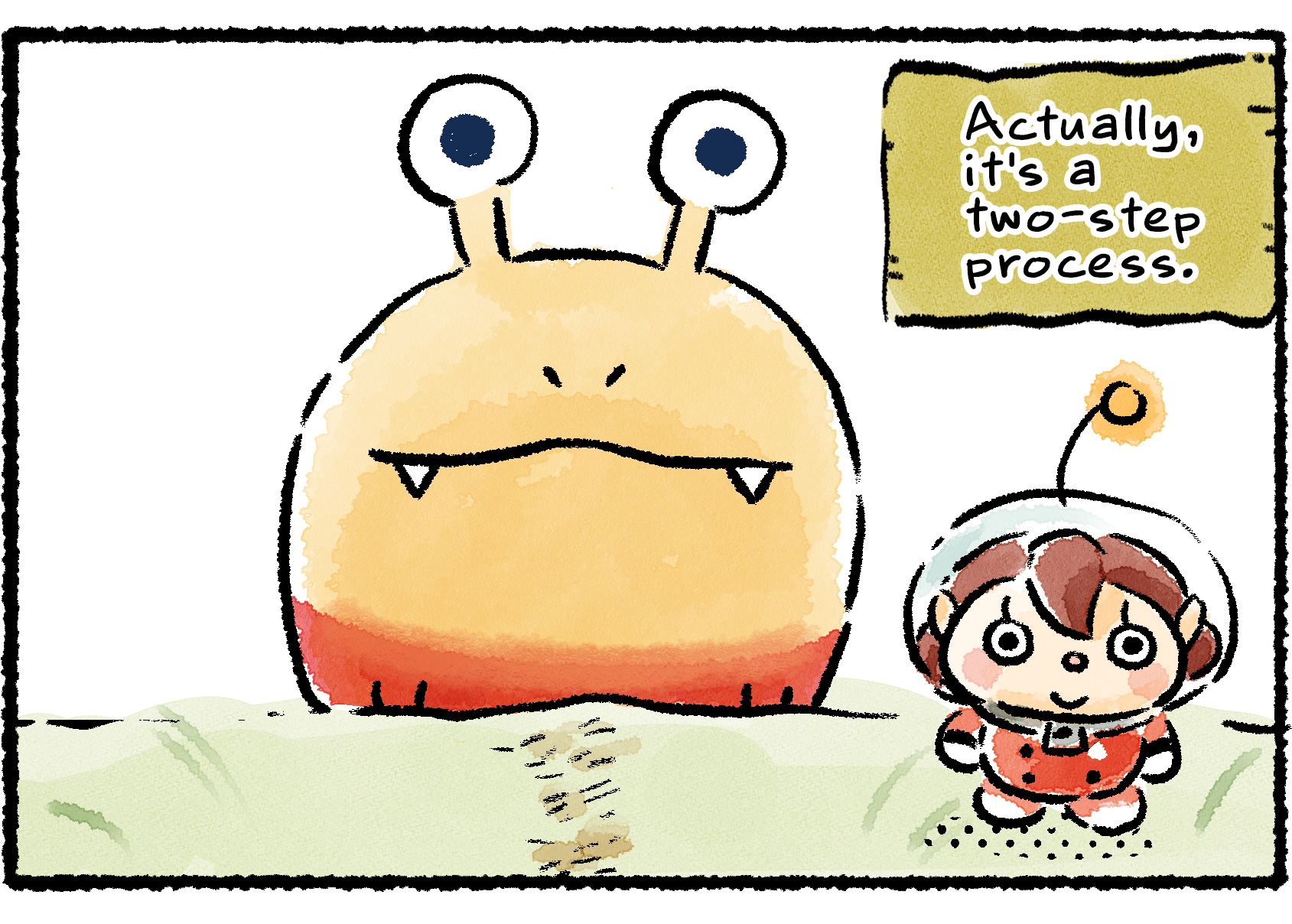 Panel three. As a Bulborb appears at the top of the hill behind the Rescue Officer, narrator text reads: "But the work is only halflway done."