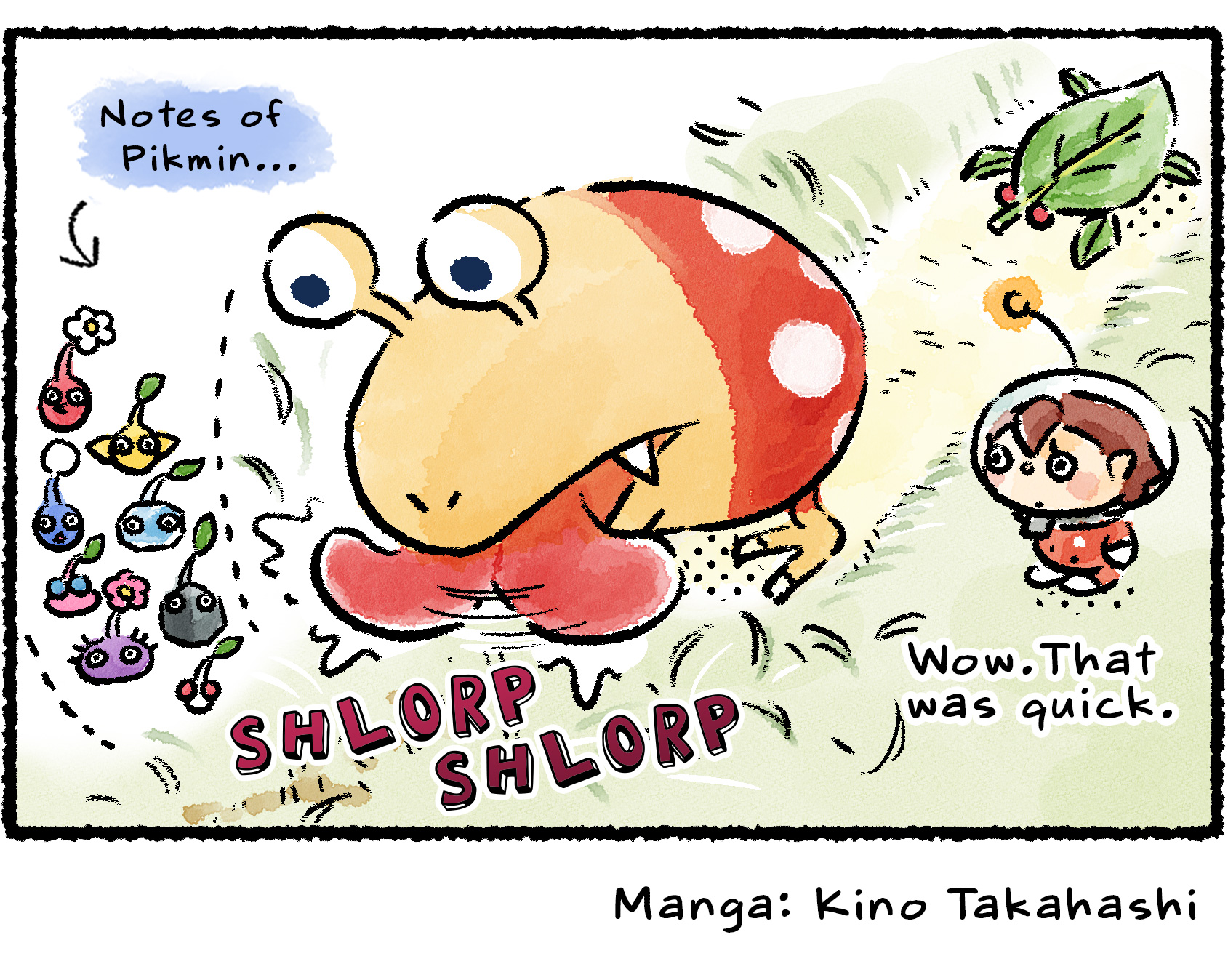 Panel four. The Bulborb follows the Pikmin, licking the ground where they walked. Its tongue pulls up the grass and leaves a much wider and more defined road. Descriptive text by the Bulborb reads, "Notes of Pikmin…"