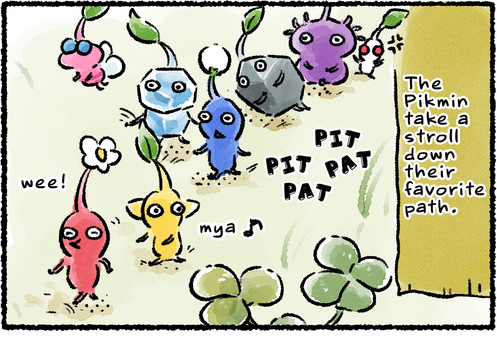 Panel one. A group of Pikmin walk down a grassy hill in a line. Narrator text reads: "The Pikmin follow their favorite path."