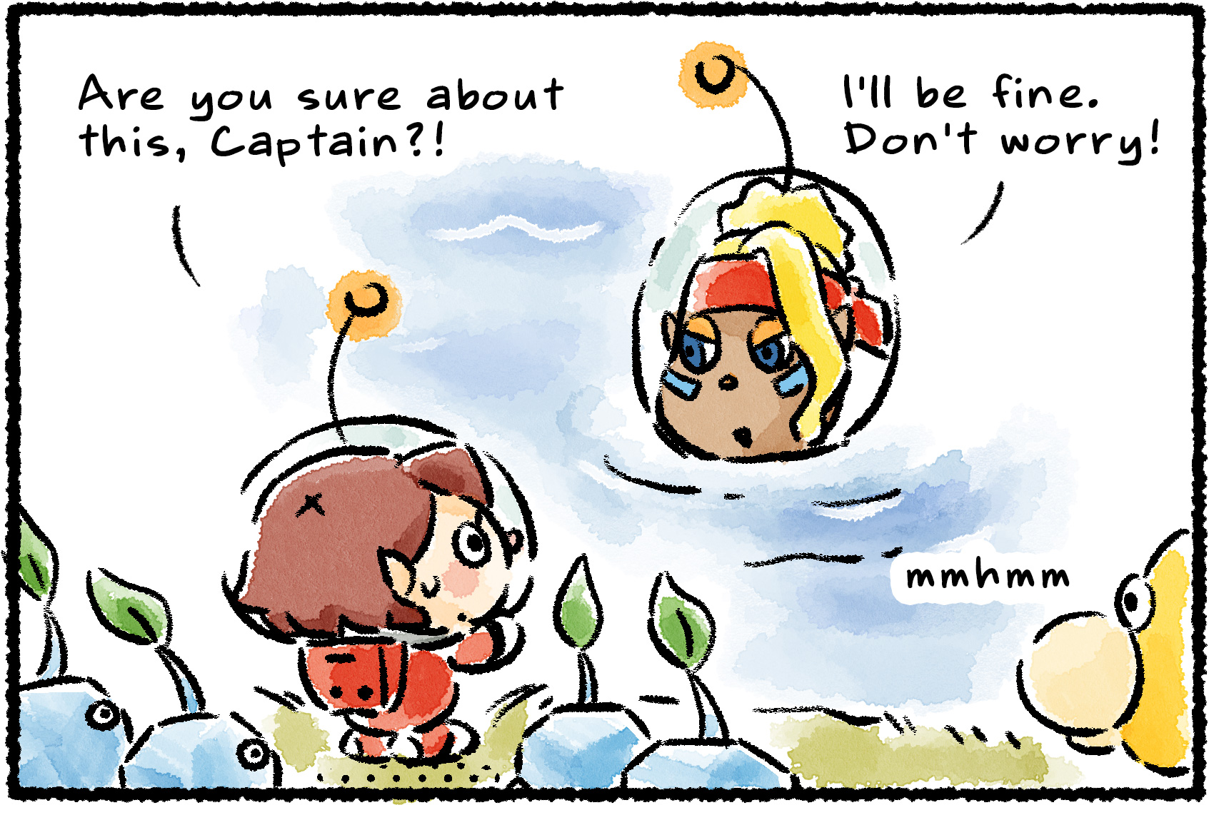 Panel one. Shepherd is submerged in a river. "Are you sure about this, Captain?!" asks a Rescue Officer standing on the bank with Oatchi and some Ice Pikmin. "I'll be fine," Shepherd says. "Don't worry!"