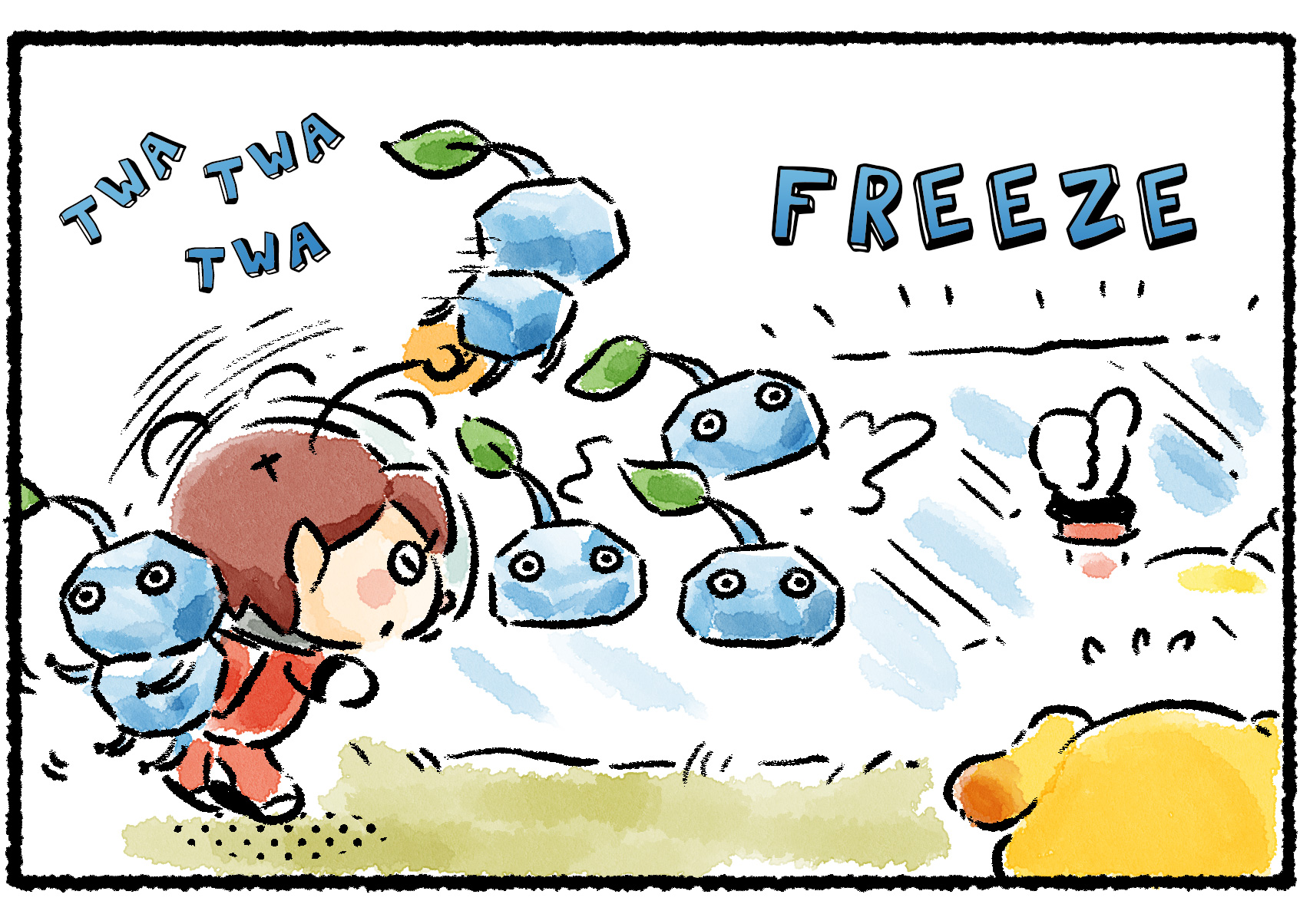 Panel two. The Rescue Officer tosses the Ice Pikmin into the river. Shepherd gives a thumbs up as the water begins to freeze over.