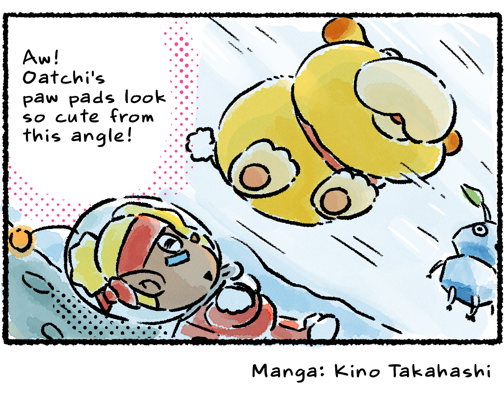 Panel four. Shepherd looks up at Oatchi from underneath the ice. "Aw!" she says. "Oatchi paw pads look so cute from this angle!"