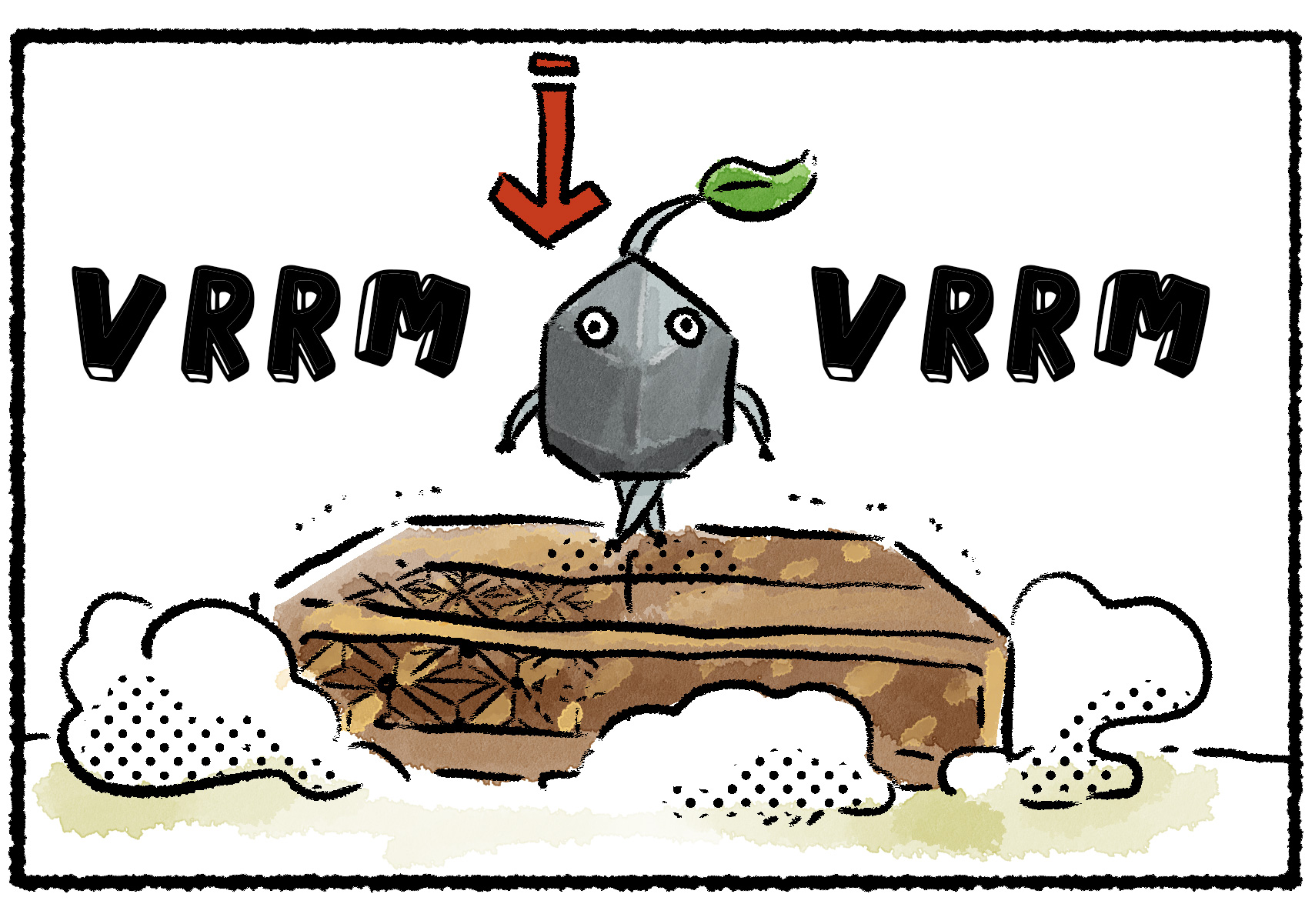 Panel two. The Rock Pikmin poses on top of the Seesaw Block, making it look like a model on stage.