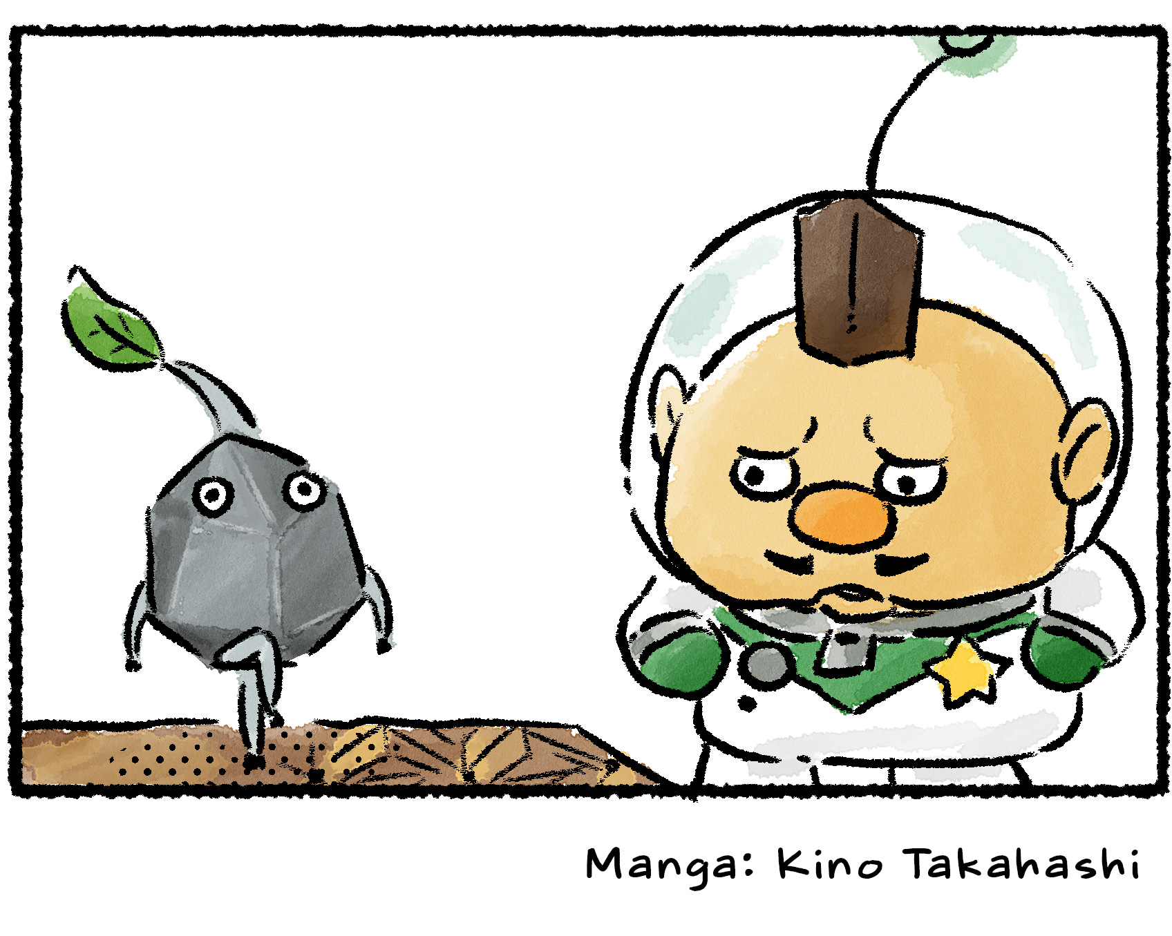 Panel four. Charlie, who hasn't seen the other Seesaw Block move, looks confused as the Rock Pikmin continues posing. For all Charlie knows, maybe this really is a stage for Pikmin models.