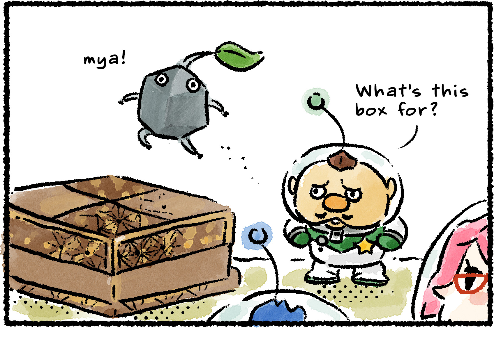 Panel one. Alph, Brittany, and Charlie come upon a Seesaw Block. "What's this box for?" Charlie asks. A Rock Pikmin leaps onto it.