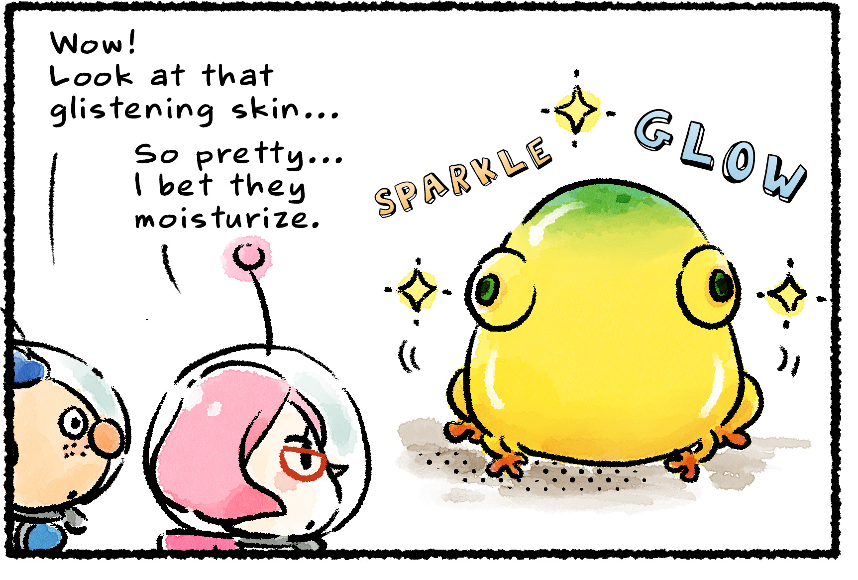 Panel one. Alph and Brittany are admiring an especially shiny-looking Yellow Wollyhop. "Wow!" Alph says. "Look at that glistening skin…" Brittany says, "So pretty… I bet they moisturize."