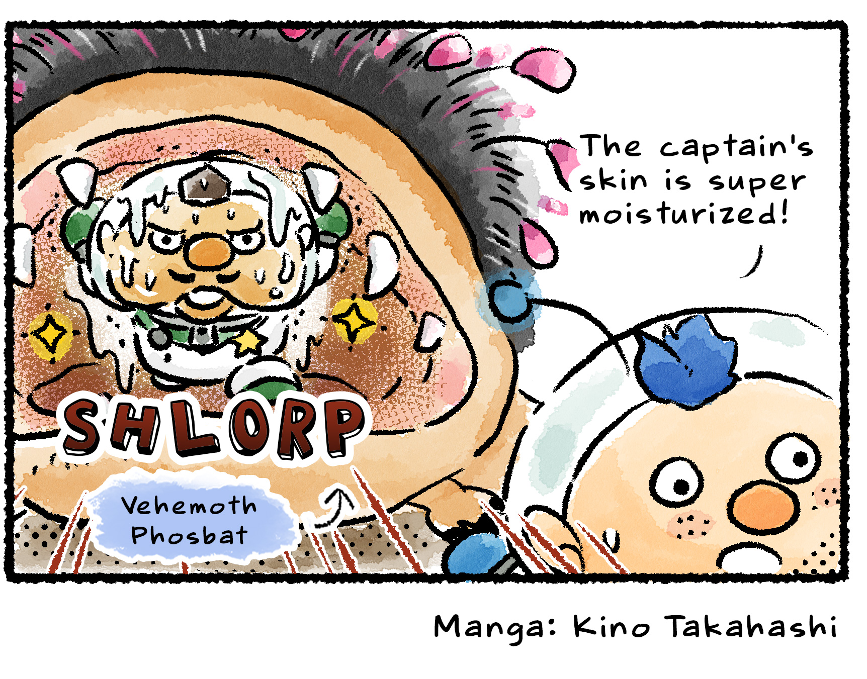Panel four. Alph points to Charlie, who is inside the mouth of a Vehemoth Phosbat. Charlie is just barely managing to hold the creature's jaws open, and he is covered in sweat from the effort. "The captain's skin is super moisturized!" Alph says.