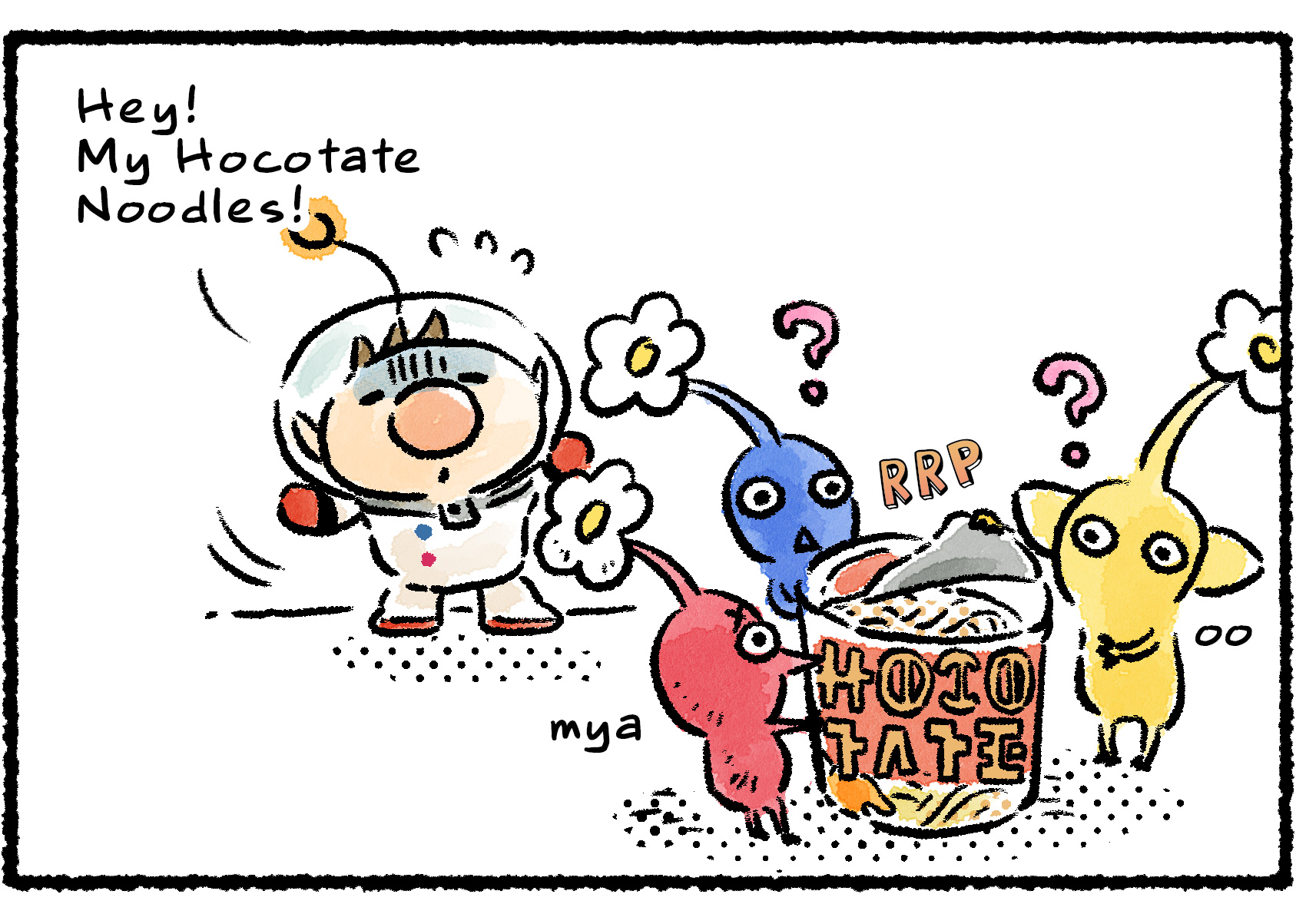 Panel two. Several curious Pikmin peel off the lid of the noodles to investigate. Olimar hurries over and says, "Hey! My Hocotate Noodles!"