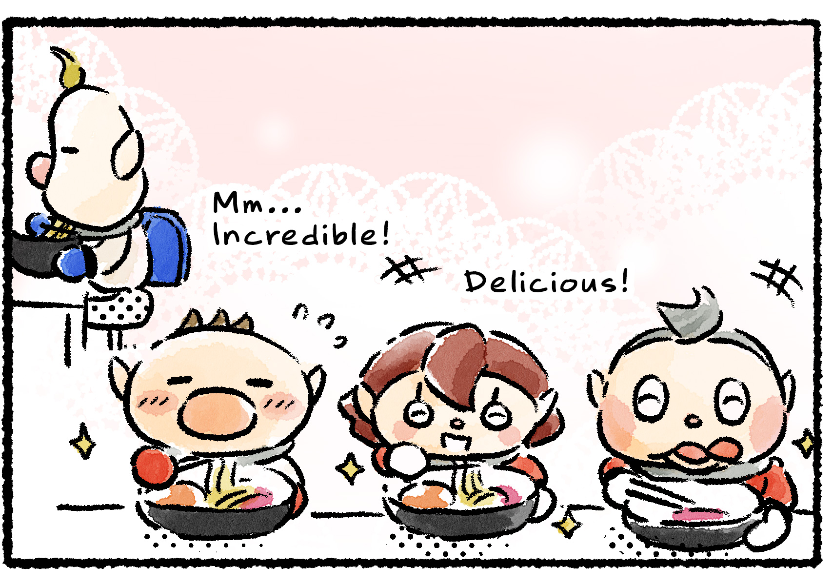 Panel three. Olimar, Collin, and a Rescue Officer enjoy the noodles while Louie cooks in the background. "Mm… Incredible!" Olimar says. "Delicious!" the Rescue Officer says.
